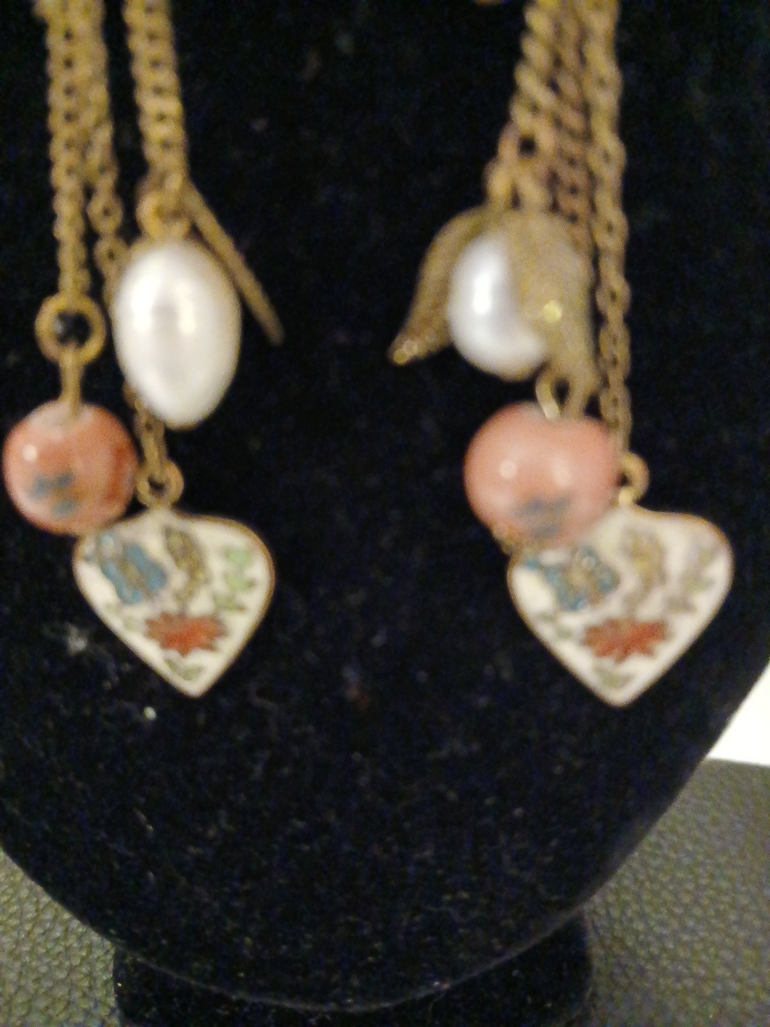 1970’s WHITE. Cloisonne, PINK Lamp Work Glass, WHIte N BAROQUE Pearl Earrings