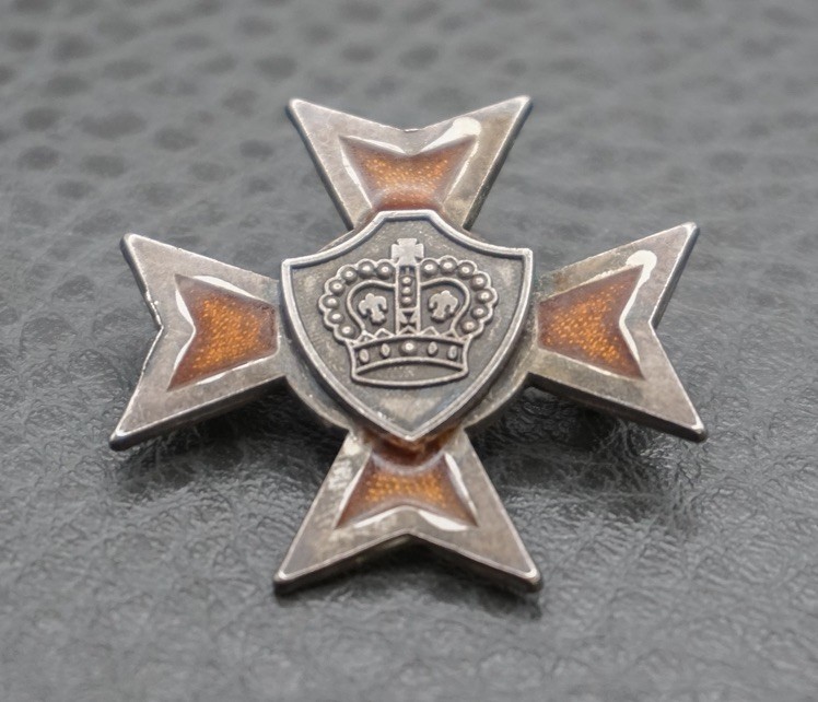 VINTAGE MILITARY CROWN CROSS SHIELD GUILLOCHE ENAMEL BROOCH PIN