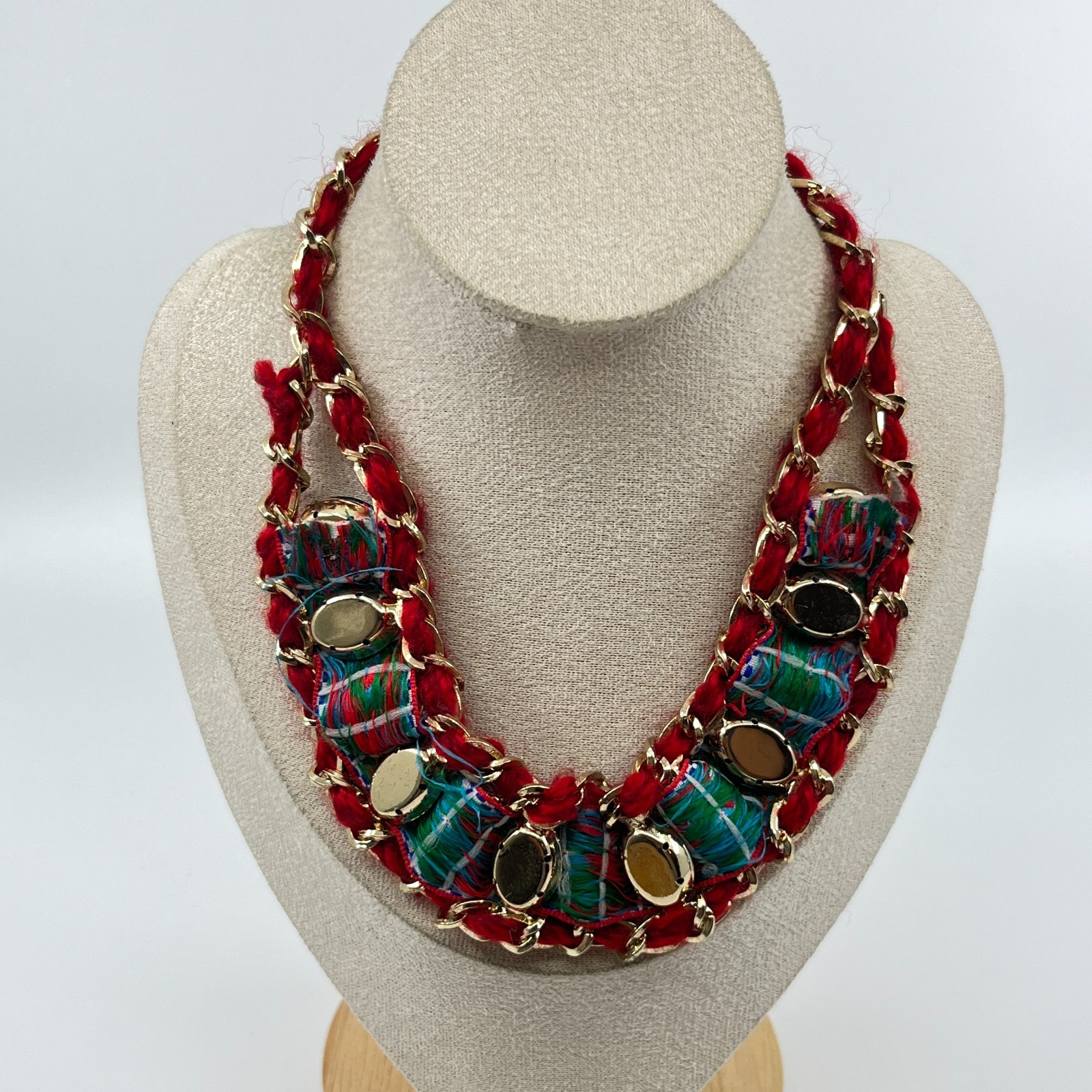 VTG Boho Red Woven Chain Collar Necklace Blue Rhinestone Floral Ribbon Statement