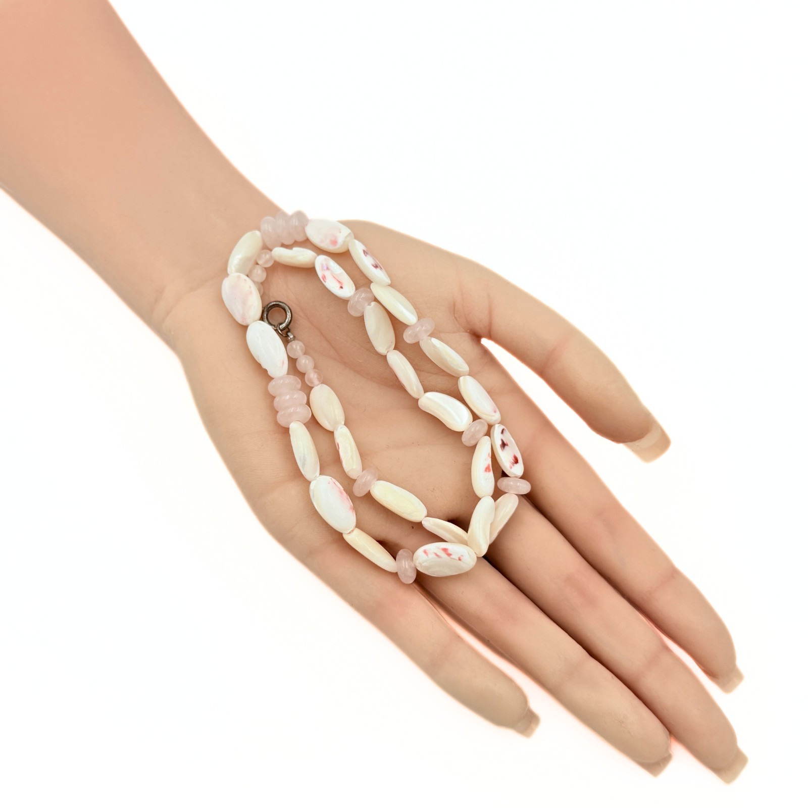 Antique Art Deco Sterling Silver Elongated Shell MOP Rose Quarts Summer Necklace