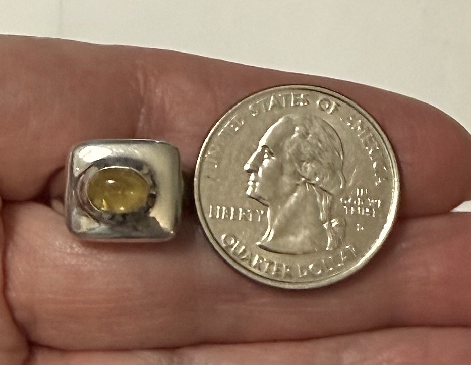 Vintage Modernist Sterling Silver Lemon Amber Cabochon Square Face Ring Size 5.5