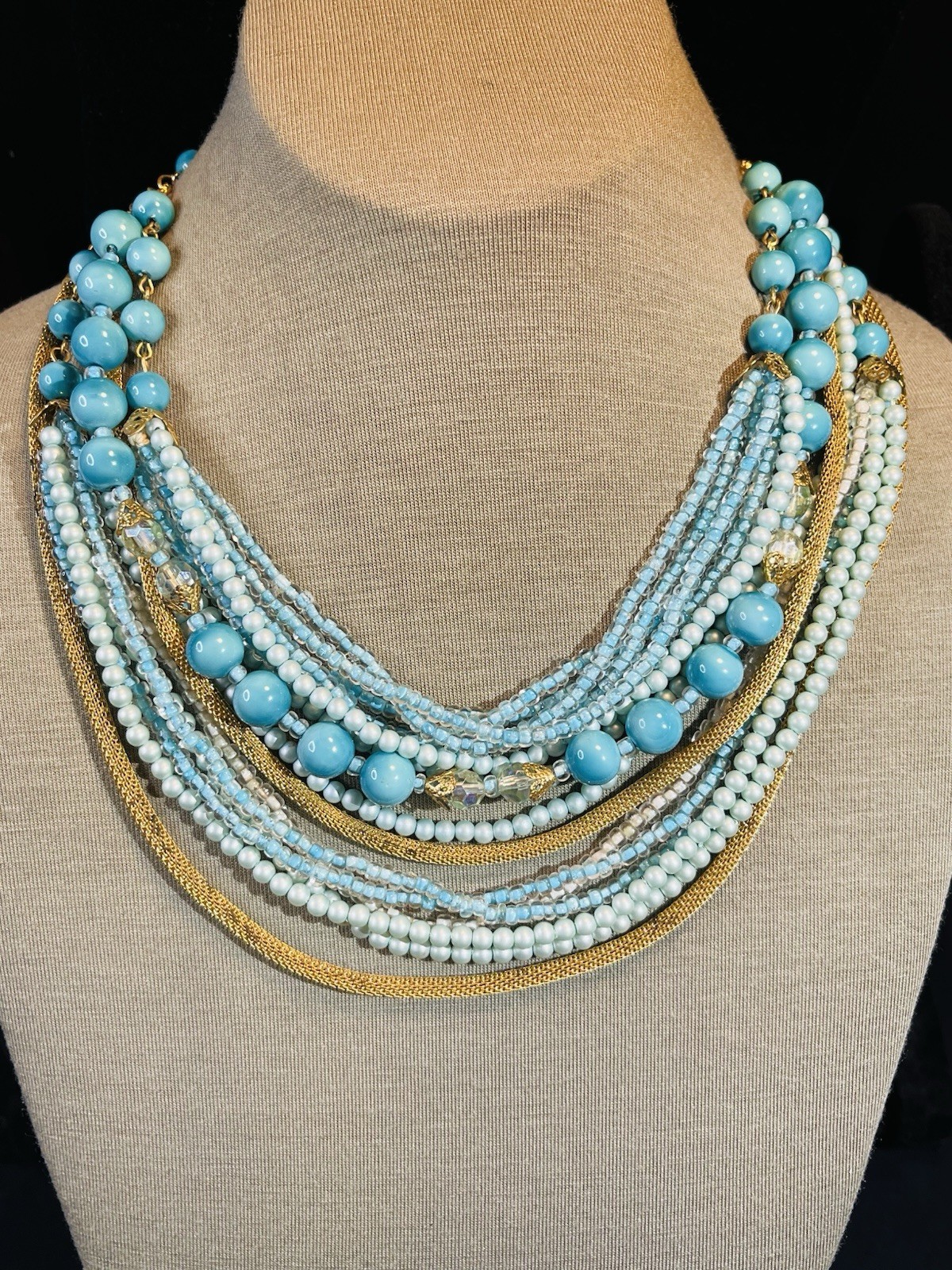 VTG. Blue Gold, Choker, Mixture Style, Multiple Strands.. Extender Added 40’s?