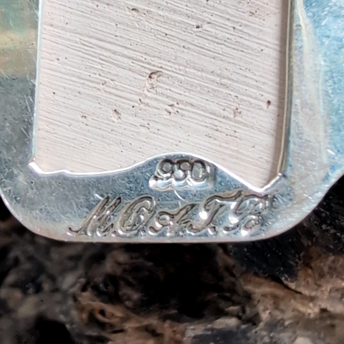 Mata Ortiz pottery shard silver pendant, silver setting on flat neckwire MOATB