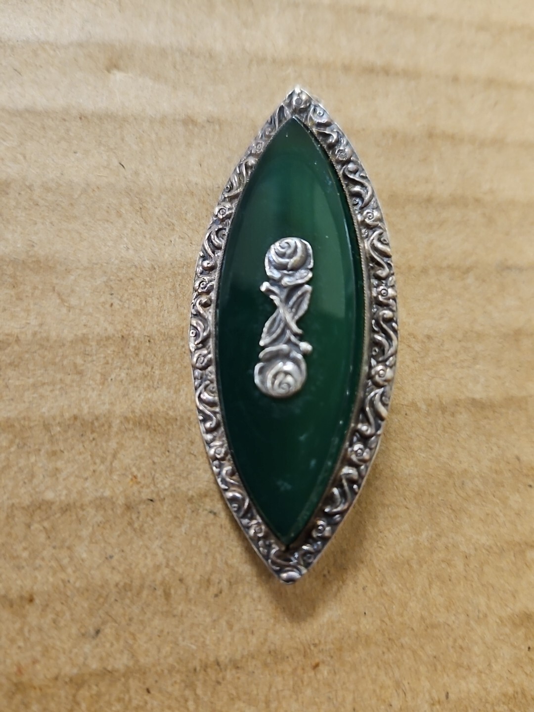 Antique Oval Rose & Green Gem 800 Silver Brooch Pin *SEE PICS*