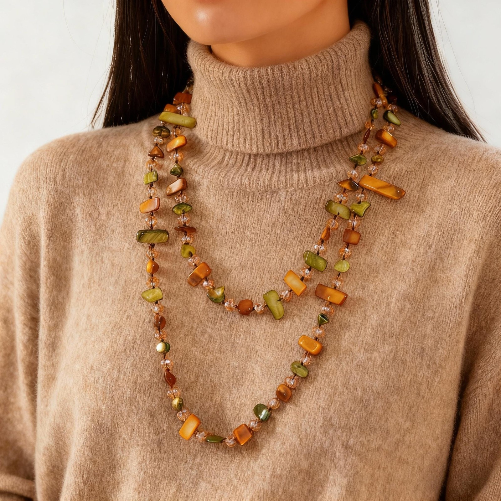Bohemian Vintage Natural Stone Necklace Handmade Crystal Beads Double Layer