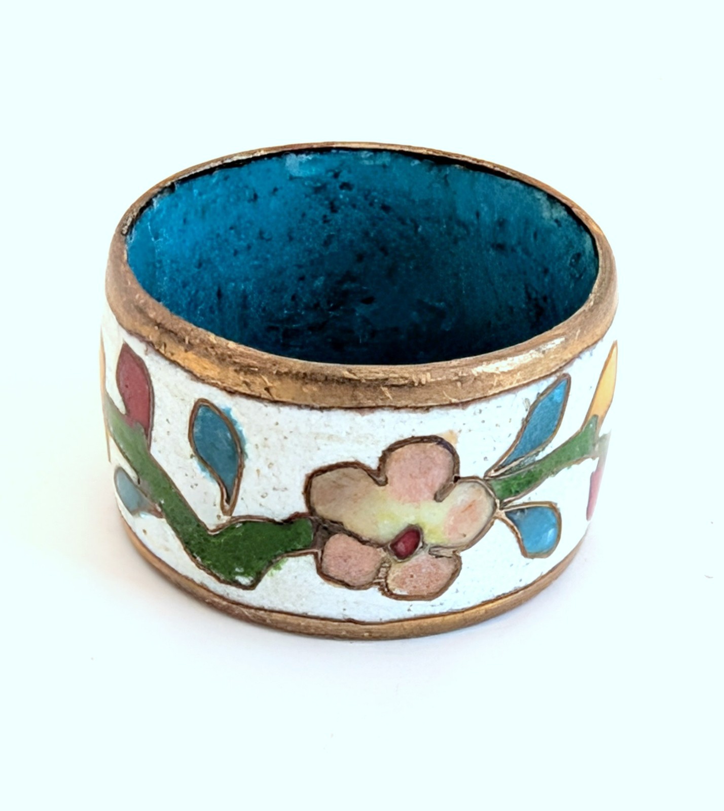 Vintage Wide Oriental Enamel Cloisonne Floral Band Ring 6.5