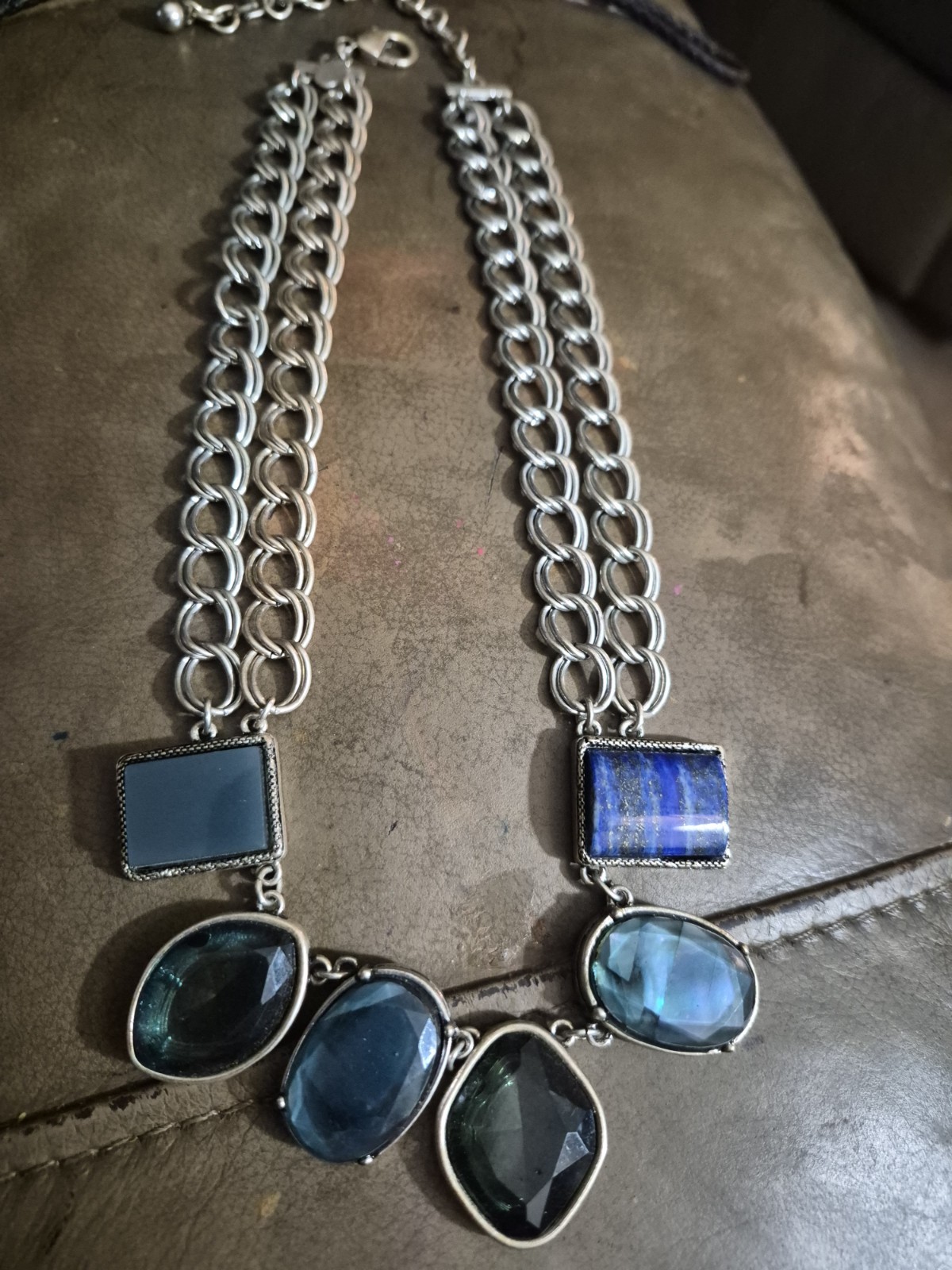 Chico’s Signed Blue Statement Necklace Chunky Silver Multi Strand Vintage 18″-21