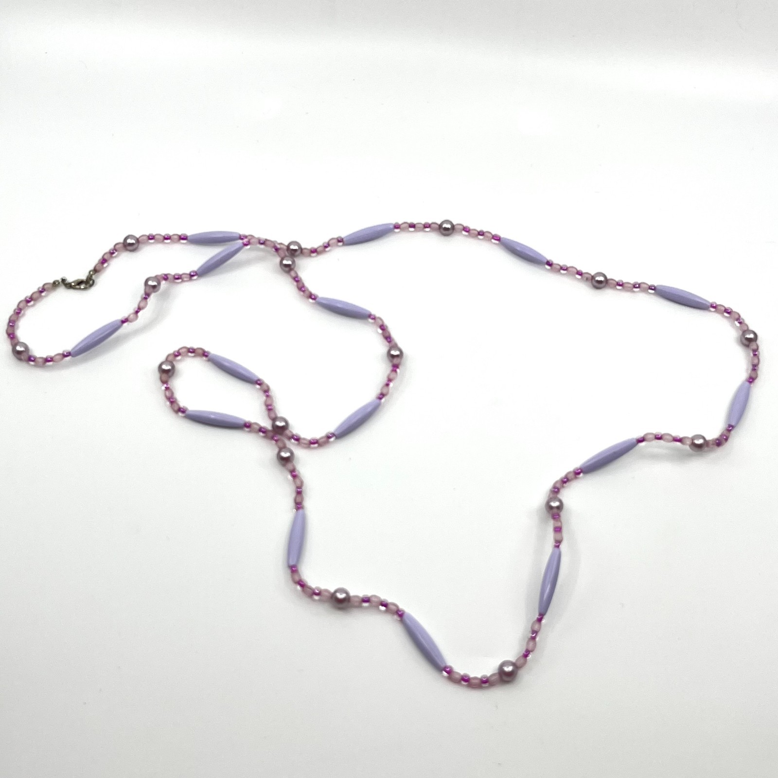 Vintage Lavender Purple Beaded Strand Necklace Long Boho Faux Pearl Mixed Beads