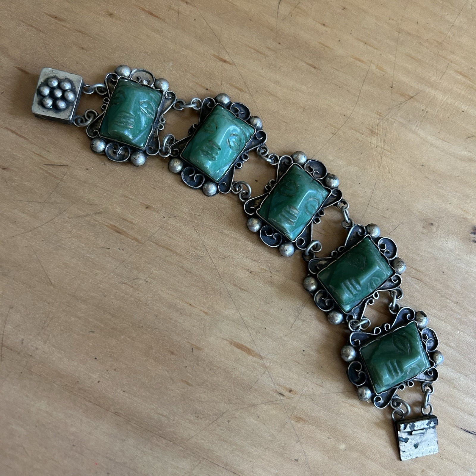 Vintage Antique 50s Silver Tone Metal Mayan Green Onyx Bracelet And Ring Set