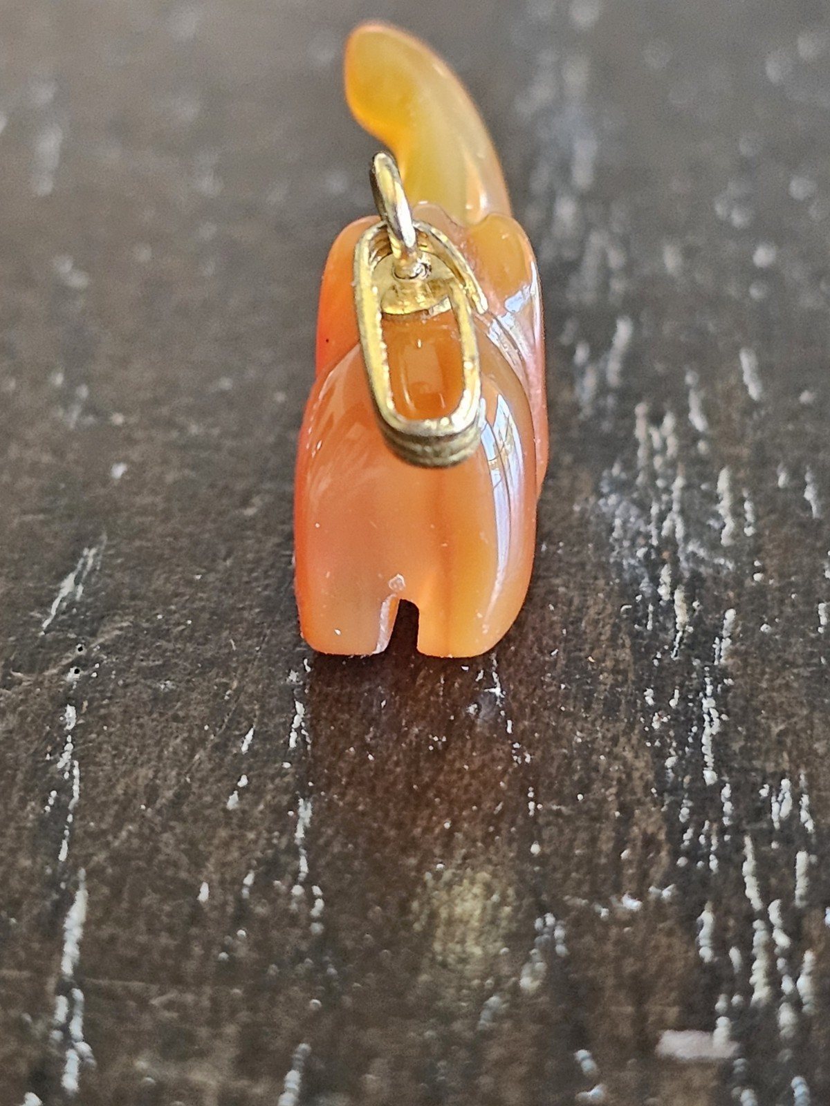 Vintage Carved Carnelian Agate Elephant Charm Pendant Lucky Trunk Up Gold Tone