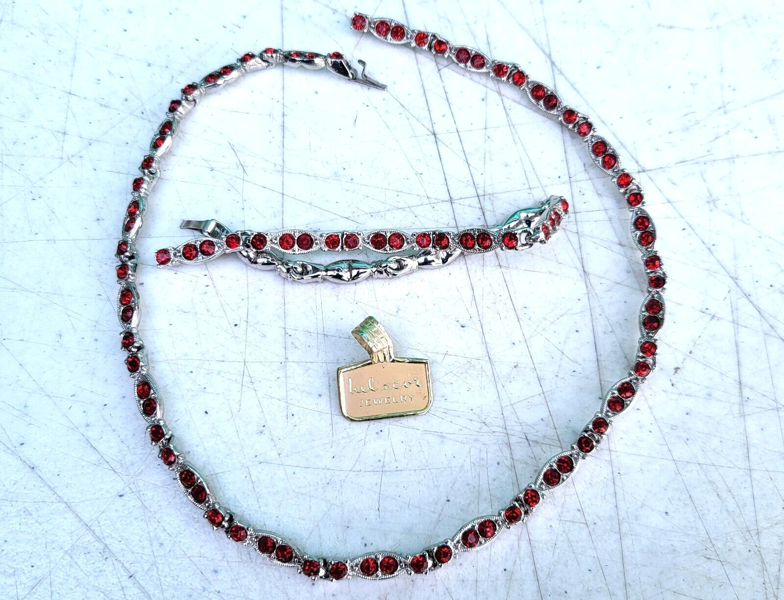 Red Rhinestone Rhodium Choker Necklace & Bracelet Set BEL-COR c1950s NOS Unused