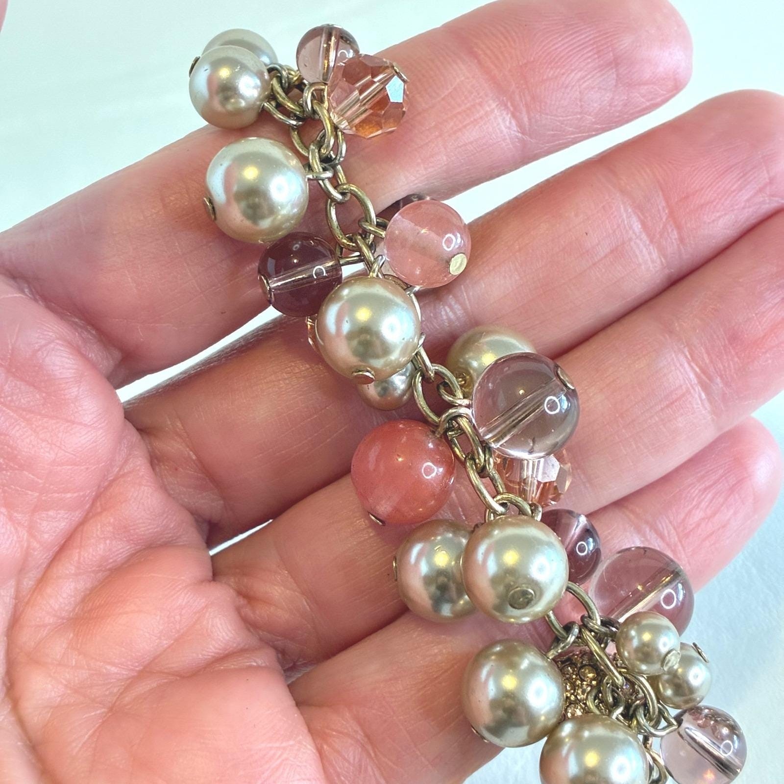 Vintage Carolee Bracelet Gold Tone Faux Pearl Glass Bead Rhinestone Charm Pink