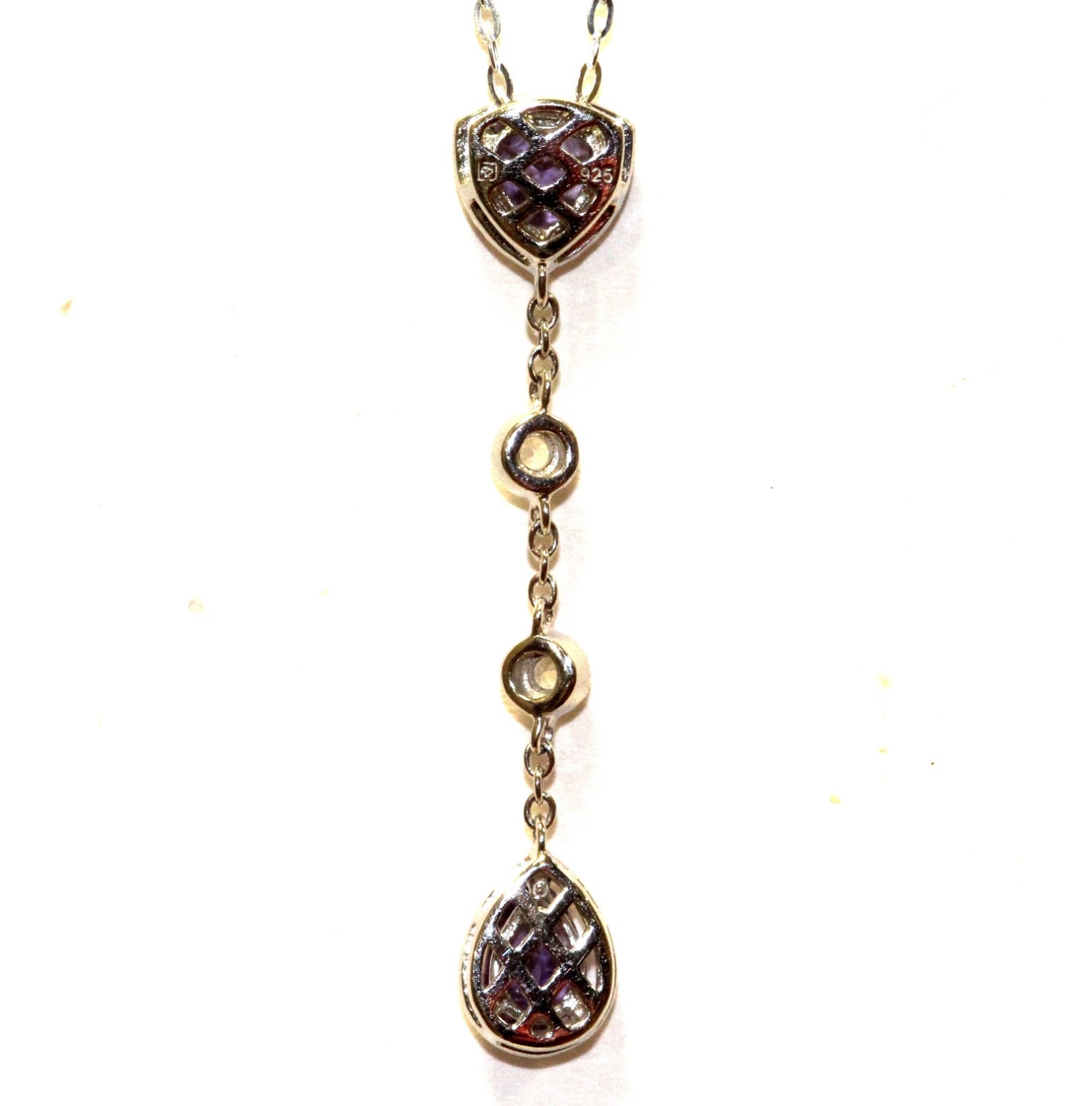 New 925 Sterling Silver amethyst created sapphire pendant necklace 3.1g dangle