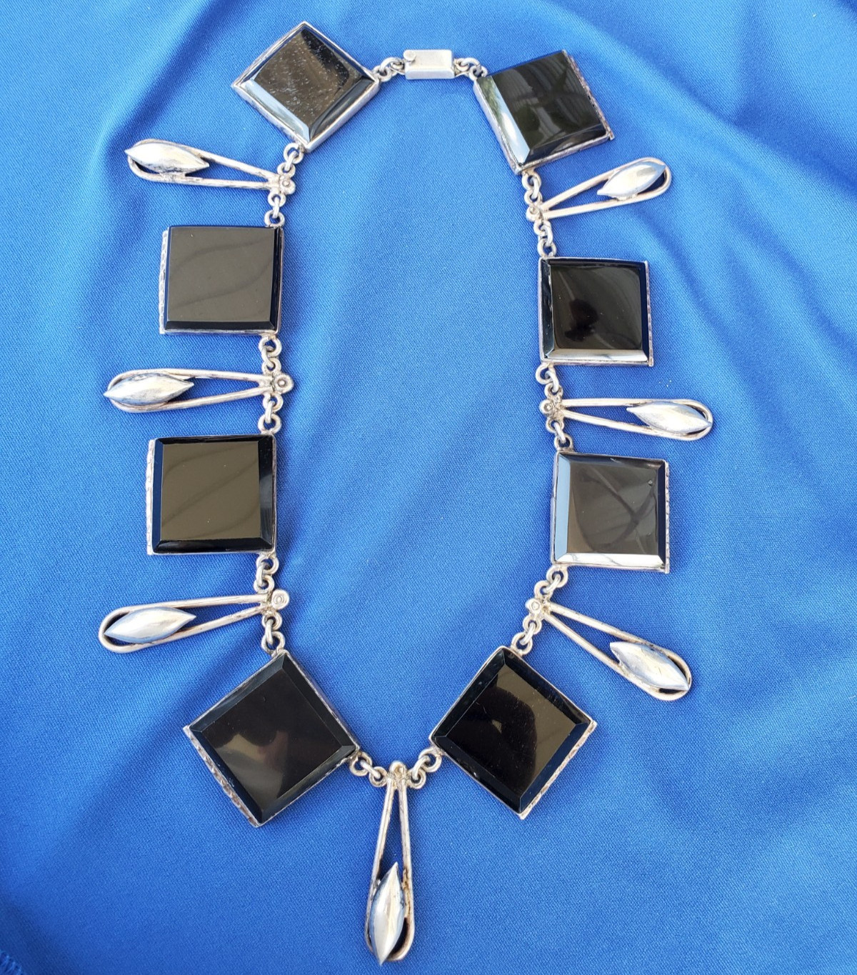 Original STERLING SILVER 925 Deco Onyx Modernist Necklace 186 Gr Vintage 18″ In