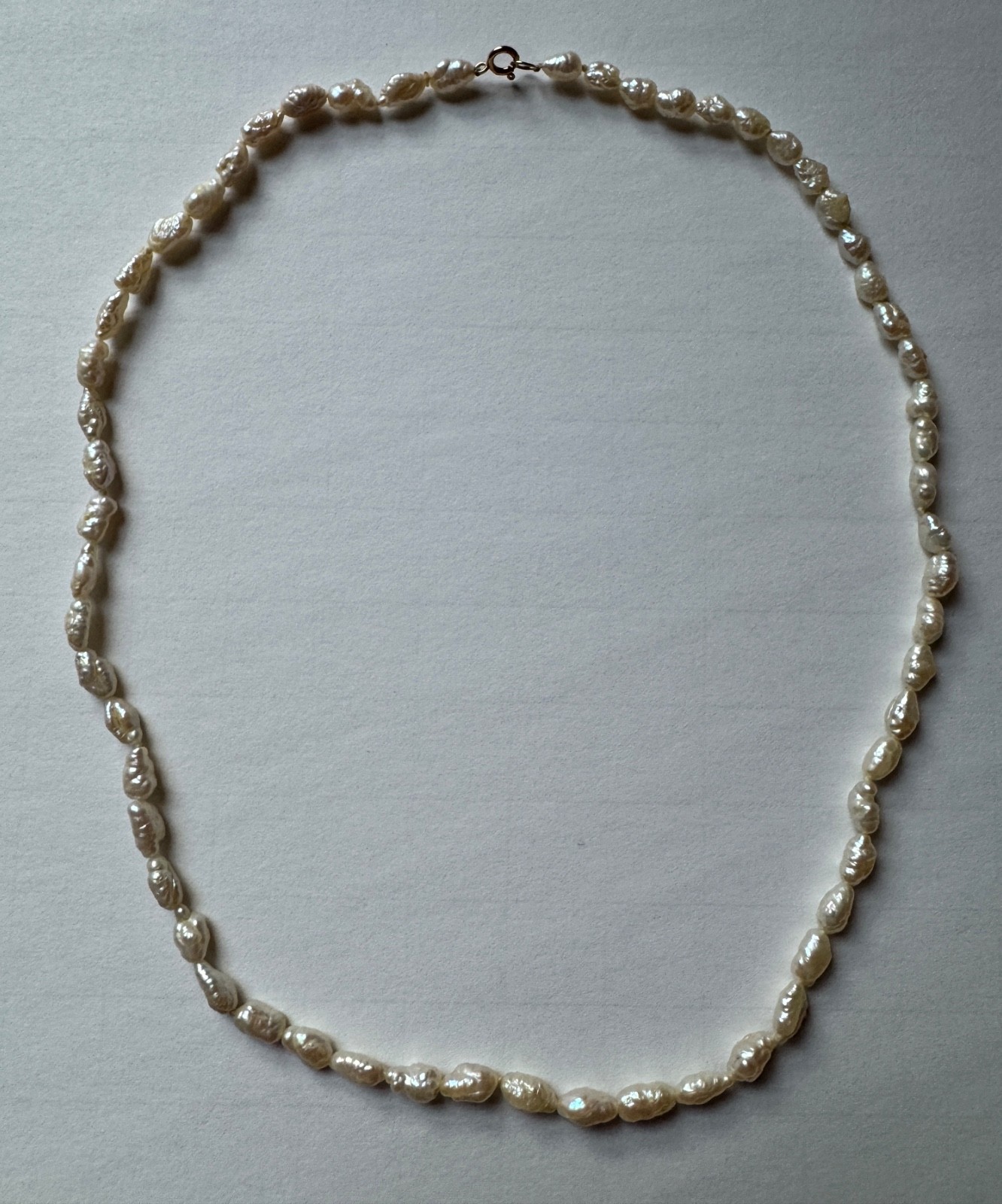 Vintage 1983 Baroque Freshwater Rice Pearl Single Strand Necklace 16” 14Kt Gold
