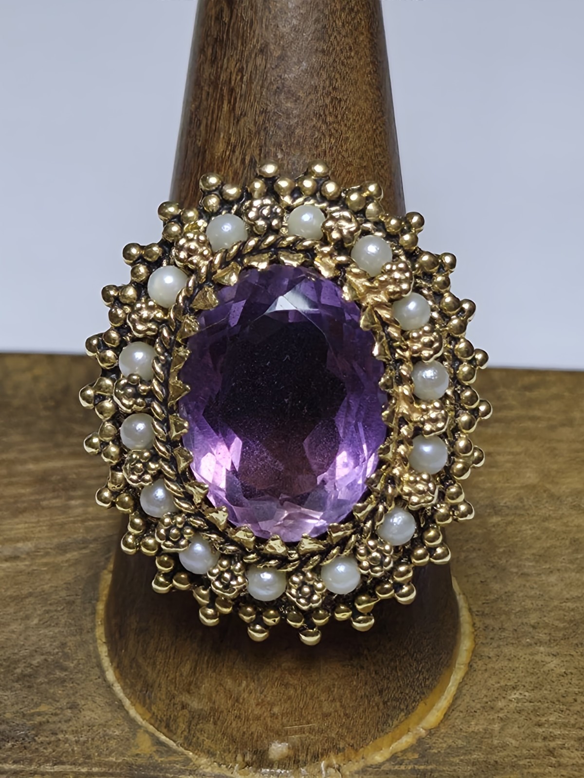Vintage Signed 14k Yellow Gold Amethyst & Seed Pearl Ring Size 10