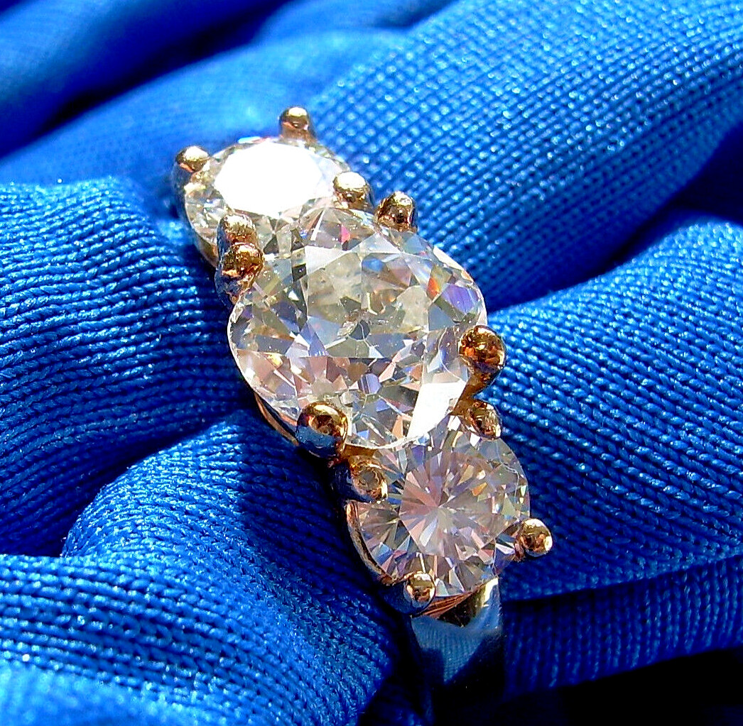 Original EARTH MINED DIAMOND Cushion cut Deco Engagement Ring 3 Stone 14K GOLD