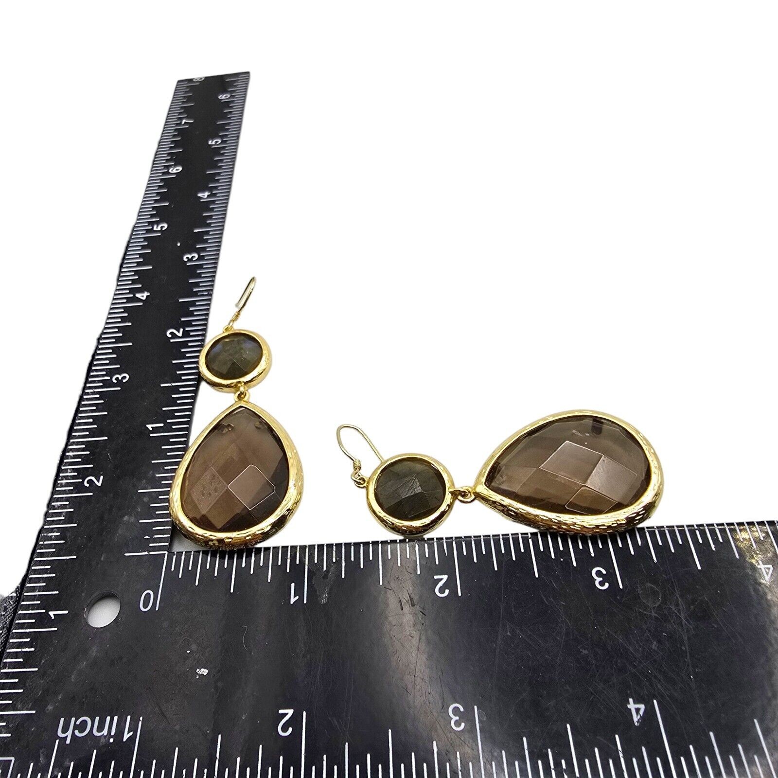 Stone Pierced Earrings Smokey Brown Faceted Light Brown Signed Dangle Teardrop