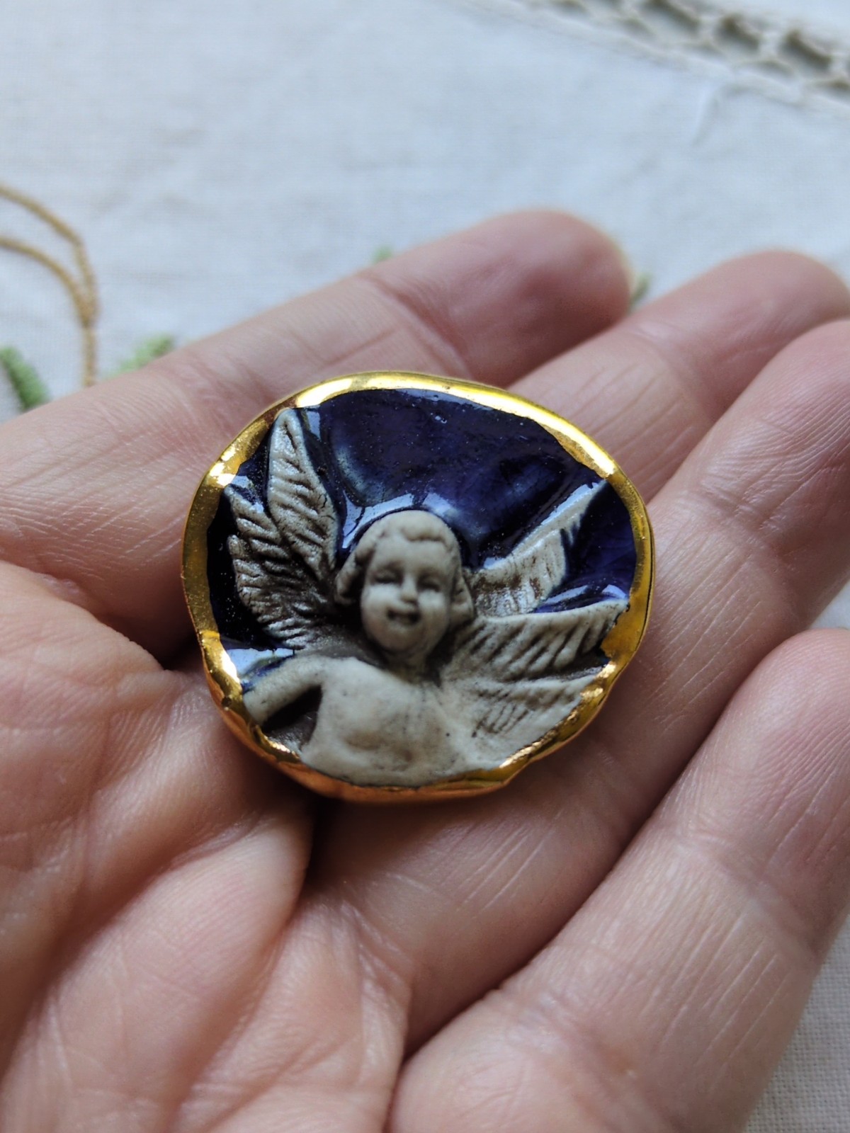 Brooke Andrews Handmade Cherub Angel Ceramic Pendant/ Brooch, Gold Trim