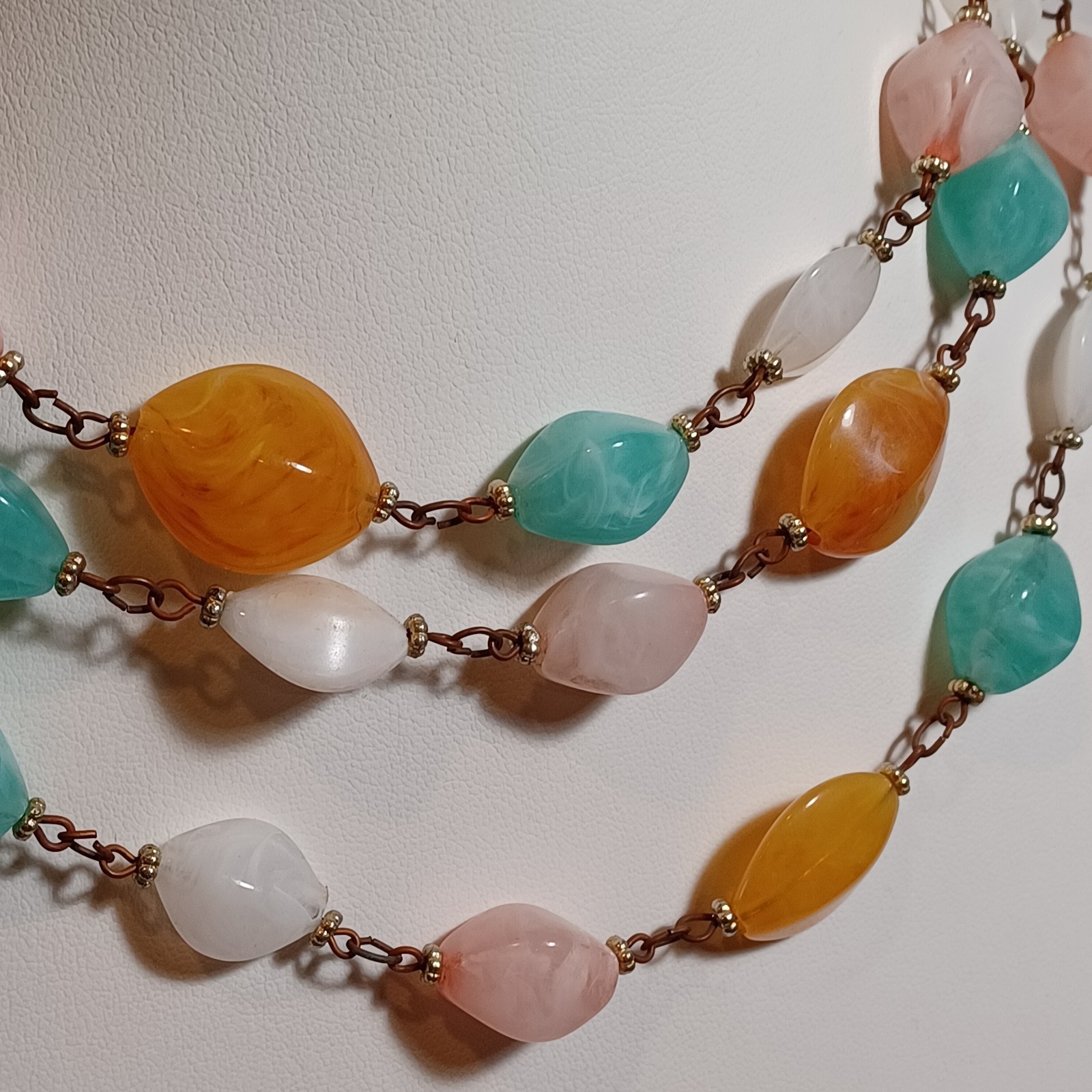 Pastel Marbled Plastic Resin Vtg Bead Chain Necklace 54in Pink, Mint, Amber, Wht