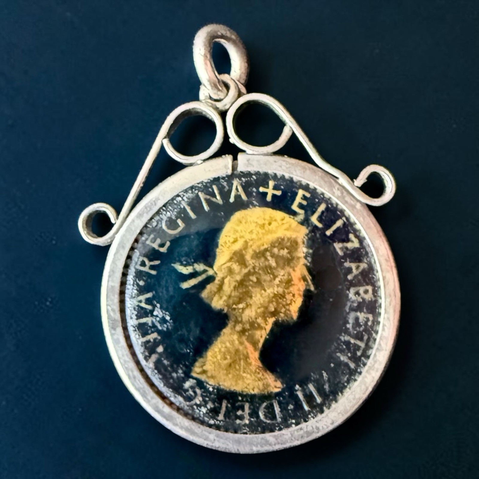 Lucky Sixpence Pendant British Coin Charm Queen Elizabeth II Vintage 1954