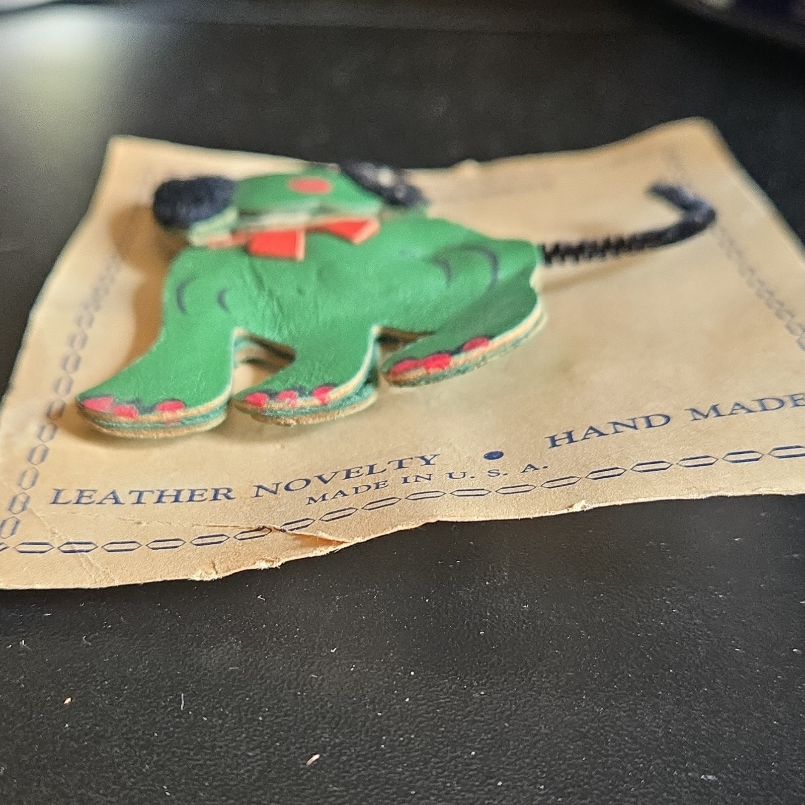Handmade Leather Dog Brooch Pin, Green/Black/Red, Animal Theme