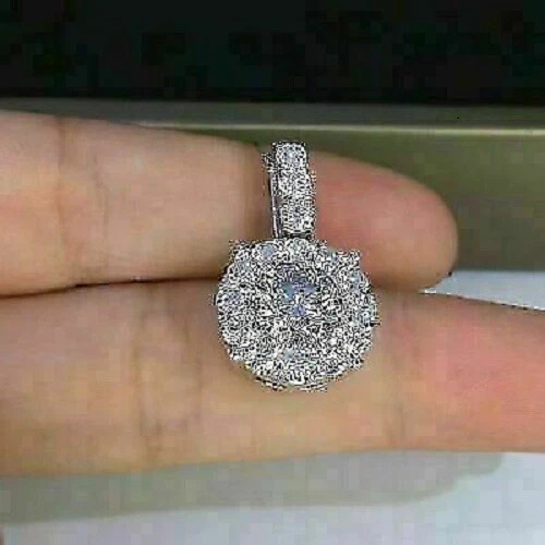 Round Cut Lab Created Diamond Woman’s Engagement Fancy Pendent 14K White Gold FN