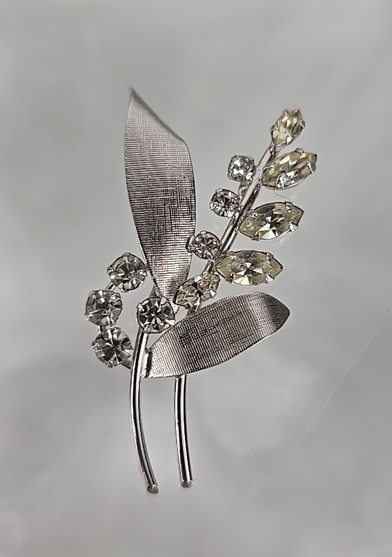 Vintage 925 Sterling Silver Clear Rhinestone Flowers Plant Brooch Pin #1