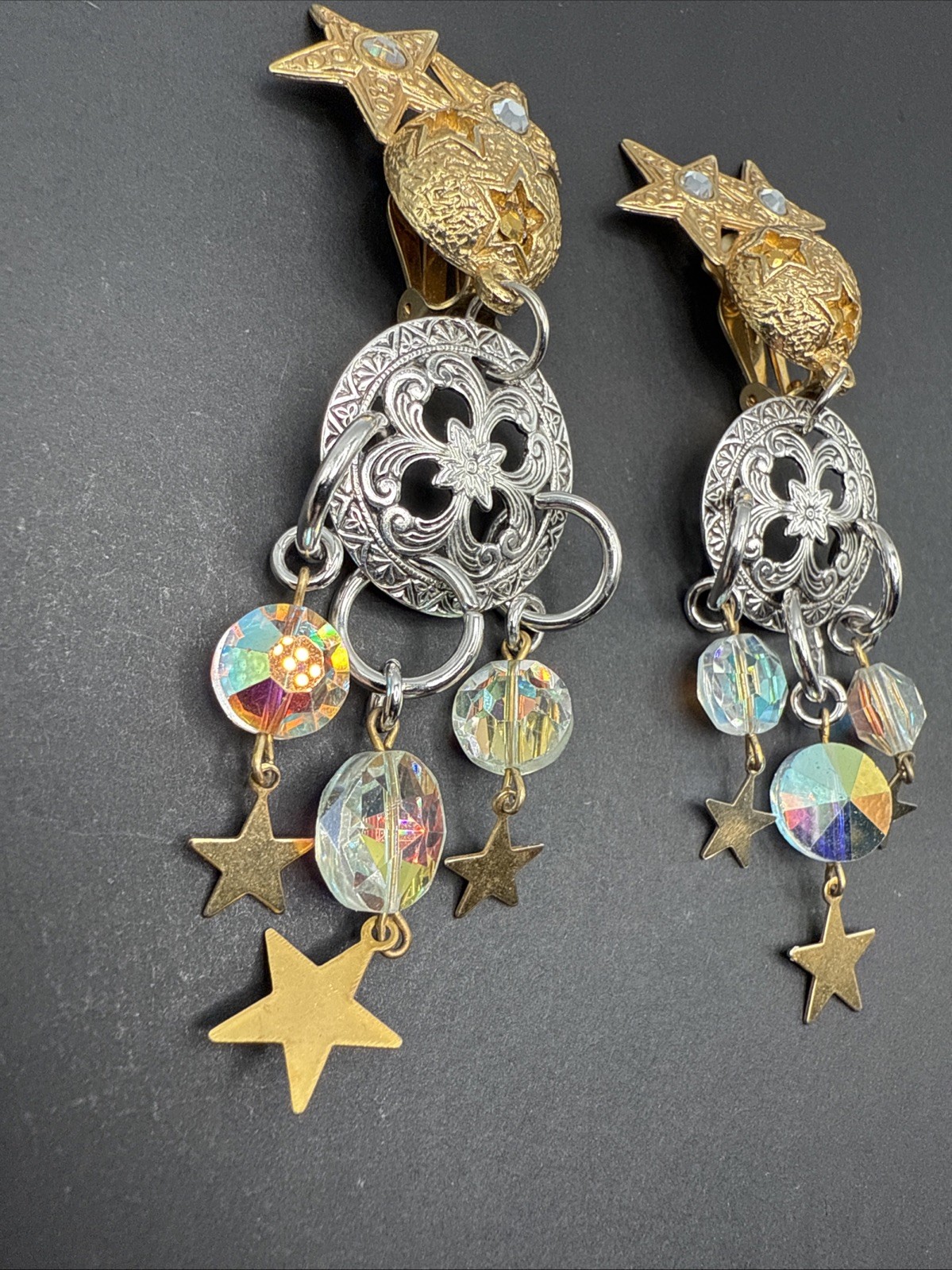 Kirks Folly Signed Silver Gold Tone Dangle Stars Moon Crystal Earrings C81