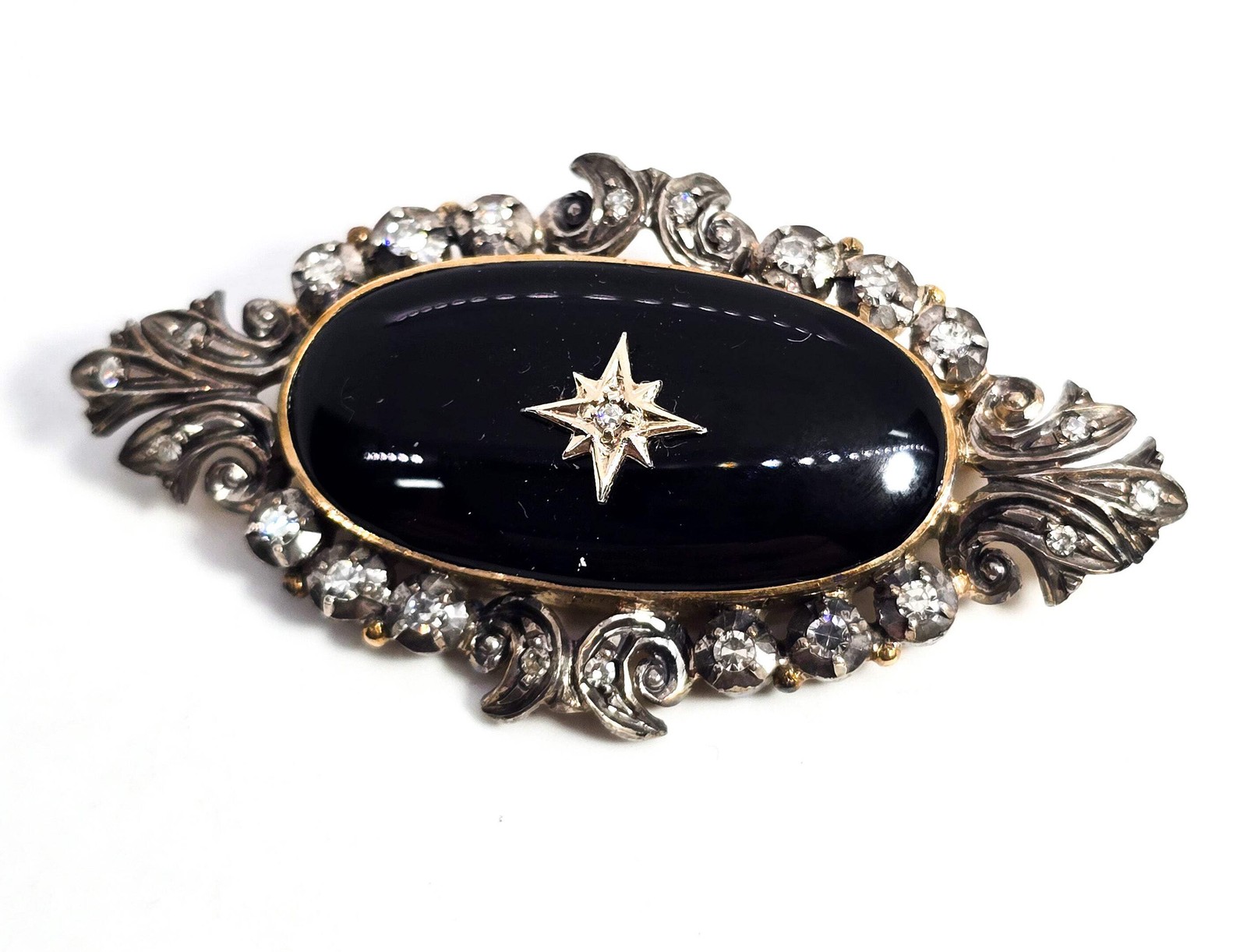 Momento Mori diamond and onyx antique vermeil sterling silver mourning brooch pi