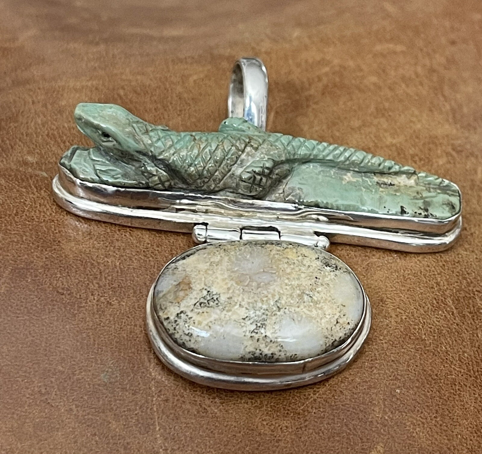 Vintage 925 Green Turquoise, Jasper Artist Created Lizard Motif Large Pendant
