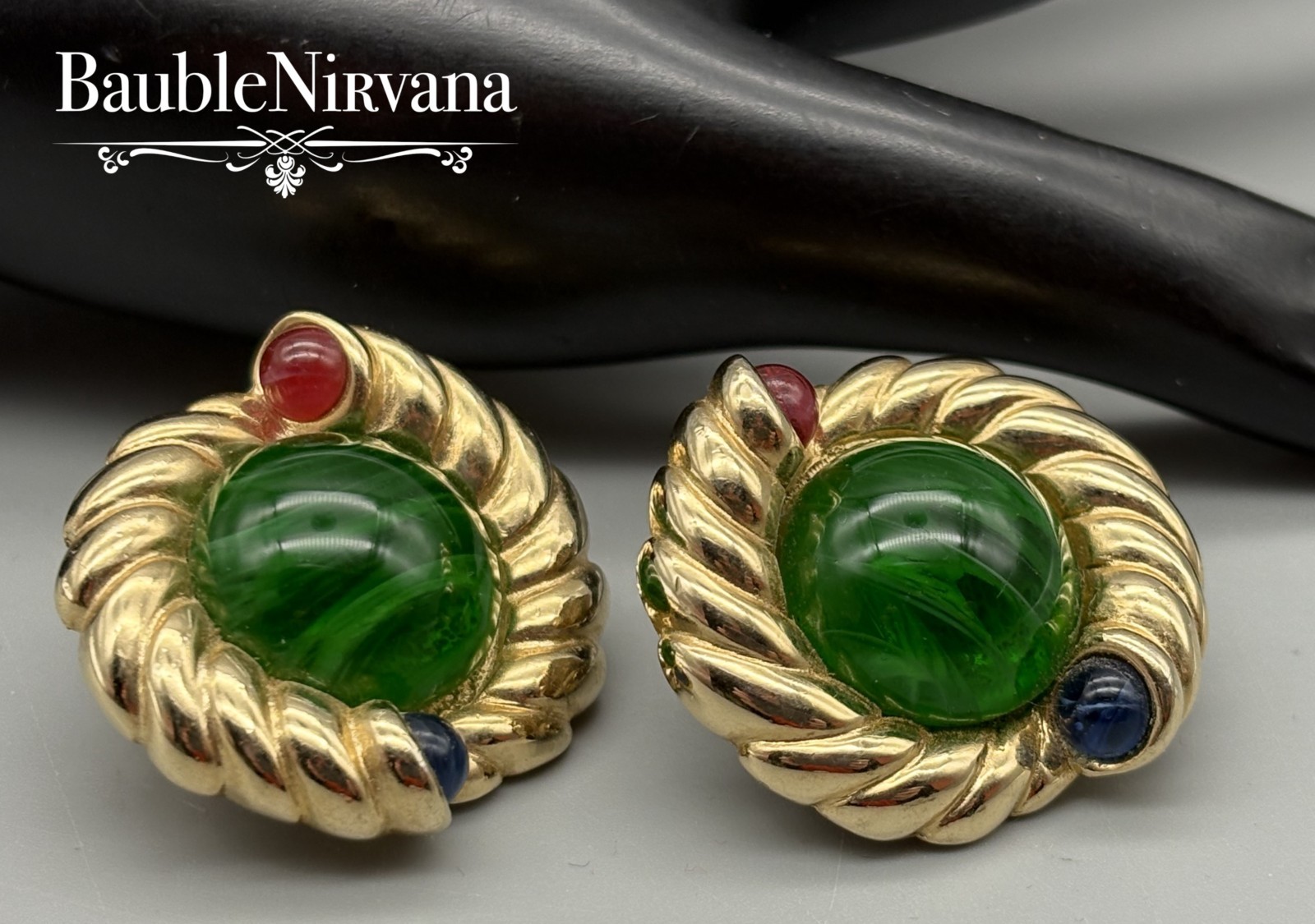 Vintage Jewels of India Gripoix Green Cable Design w/Cabochons Chunky Earrings