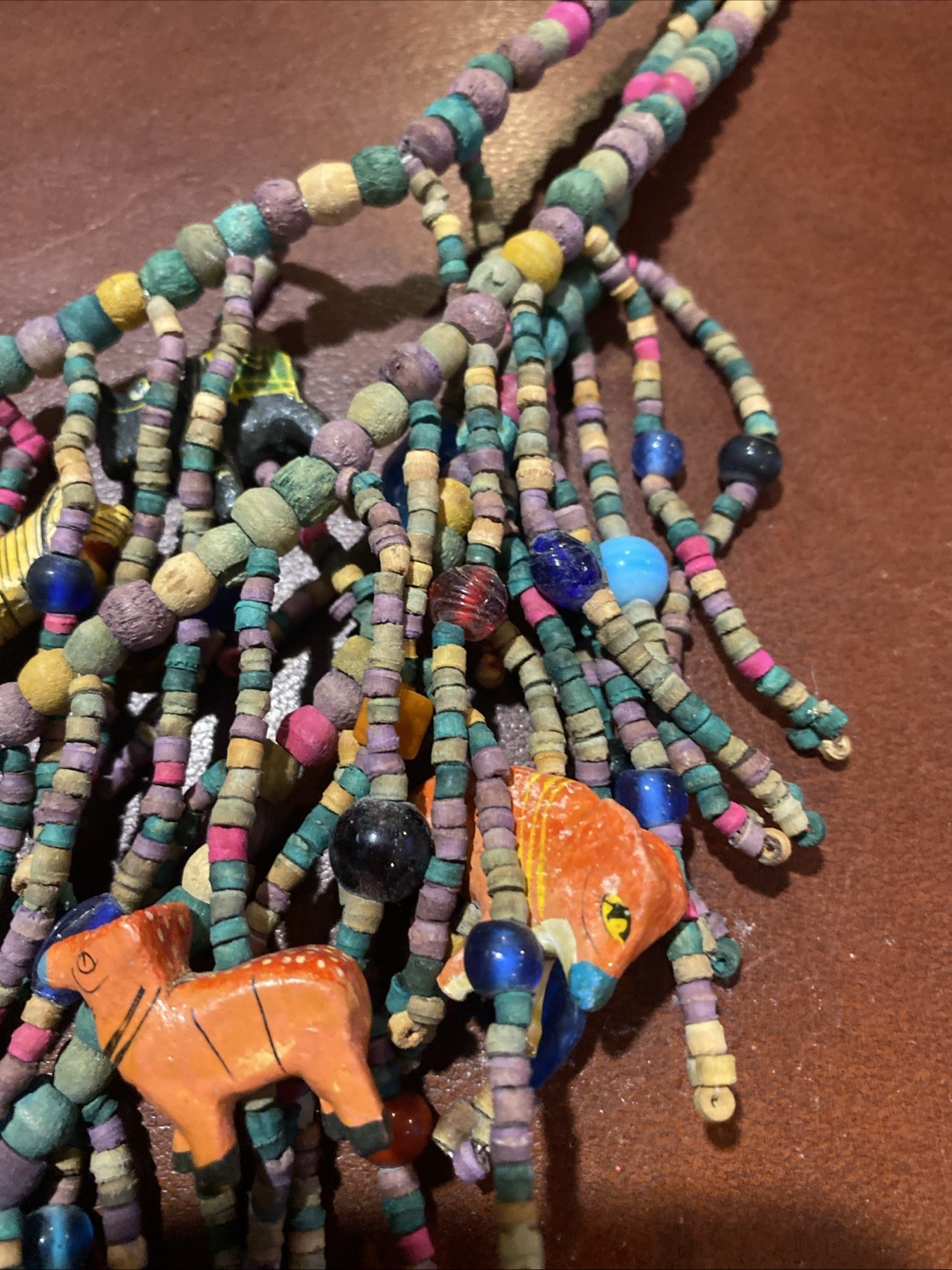 BOHO African Multi Strand Statement Necklace Wooden Carved Animals Fringe Beads