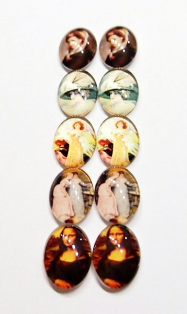 10 of 25x18mm Glass Victorian Art Deco Women Cameos, 5 Different Scenes, Nice