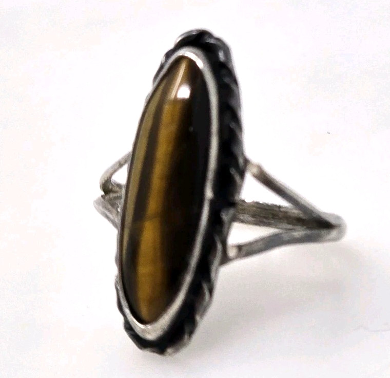 ANTIQUE Marquise Shaped TIGER’S EYE Sterling Silver Women’s RING Size 6.5