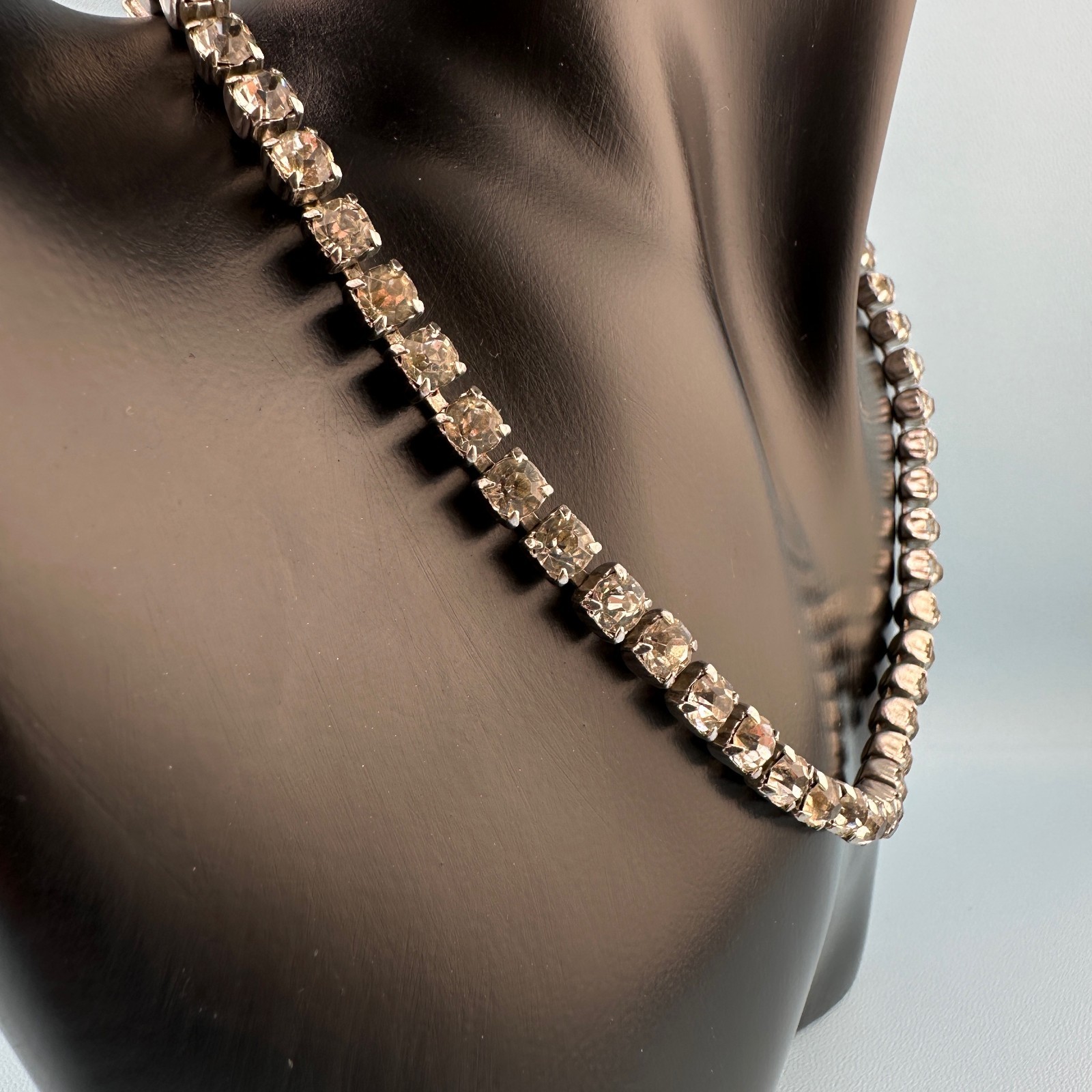 Vintage Rhinestone Choker Necklace Silver Tone Cup Chain Riviere Old Hollywood