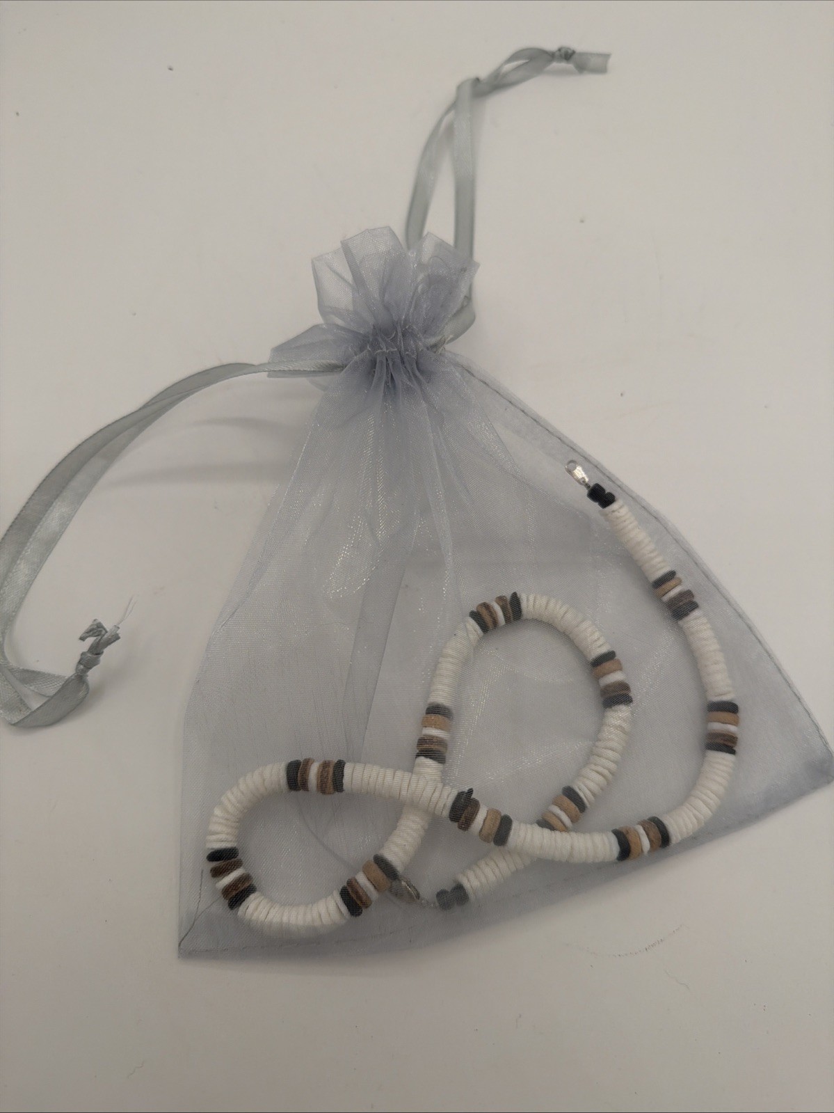 White Shell Coconut Palm Wood Heishi Necklace 20in