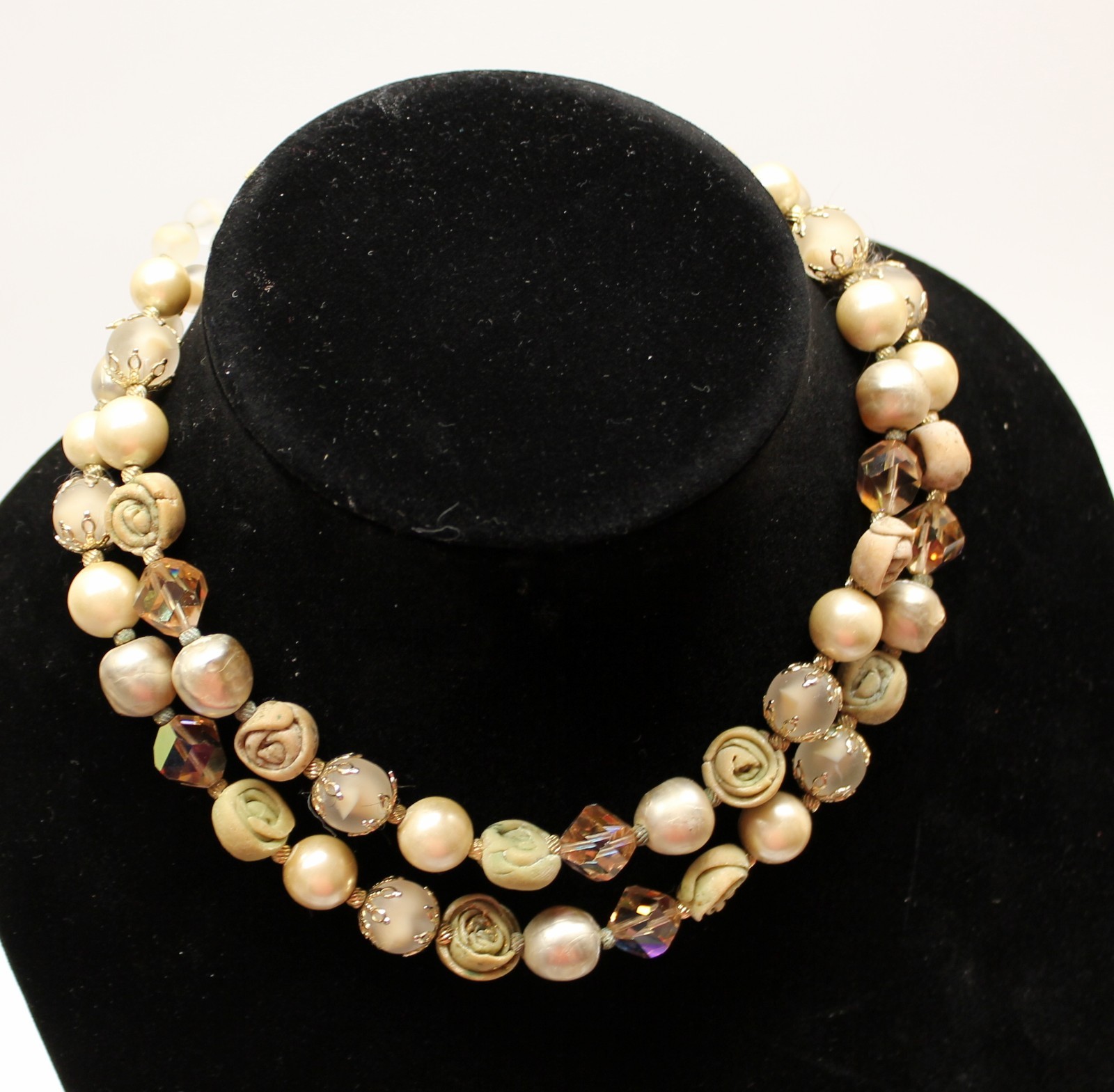 Vtg Vendome Double Strand Mixed Beads Necklace Bicone Polymer Frosted Faux Pearl
