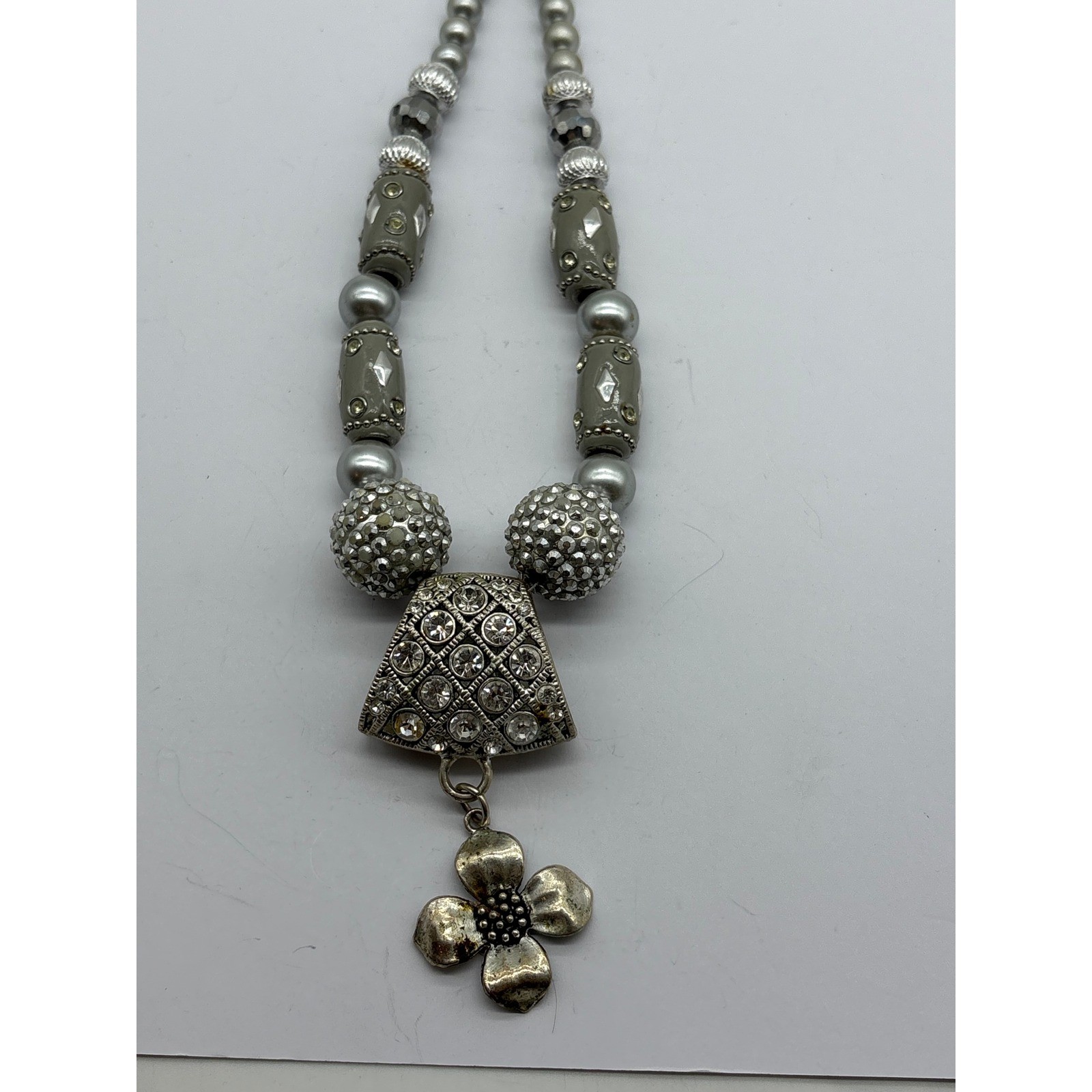 Vintage Silver Tone Statement Necklace Faux Pearl Rhinestone Flower Toggle 25in