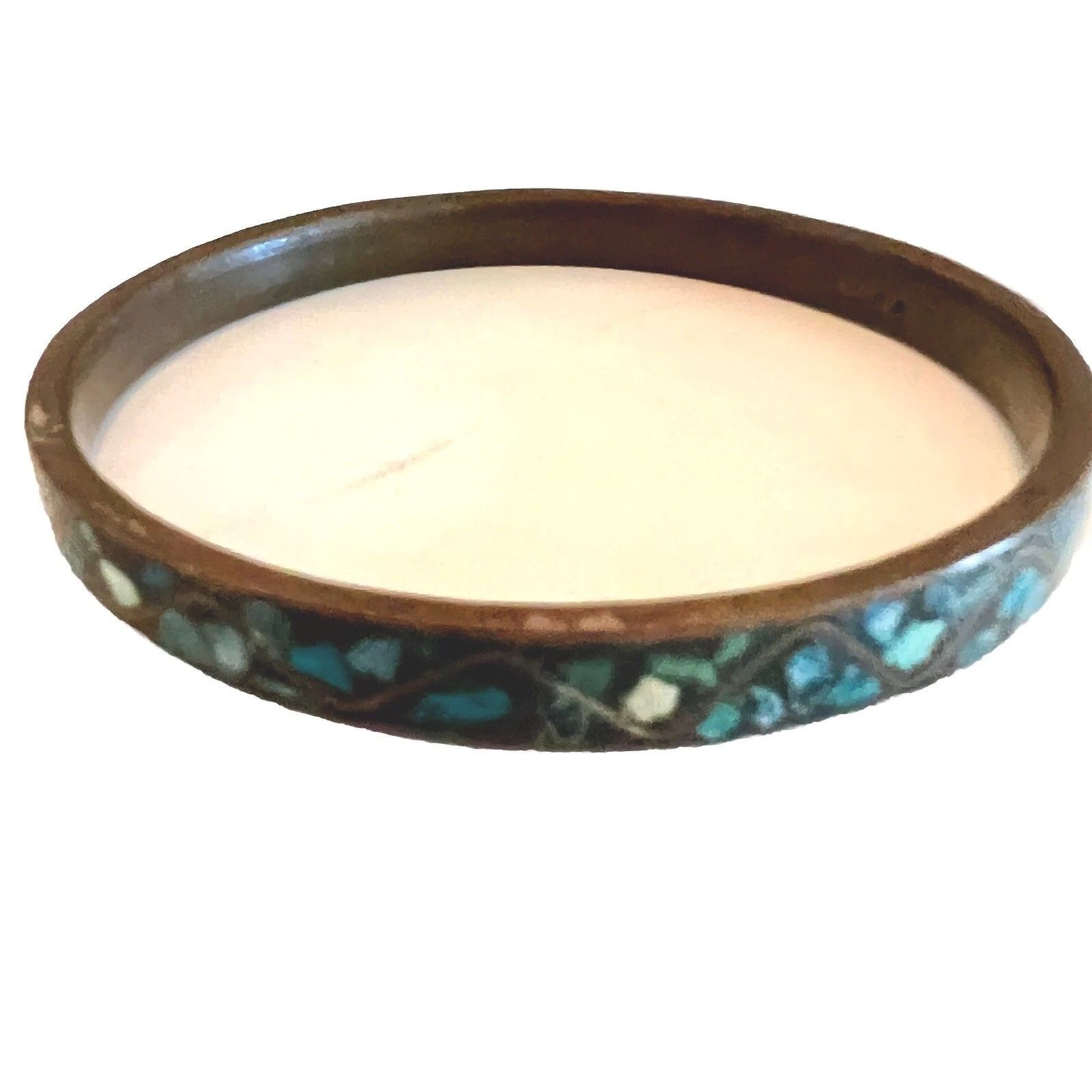 Inlaid Turquoise Colored Stone and Brass Bangle Vintage Tribal Stacking Fits 8″