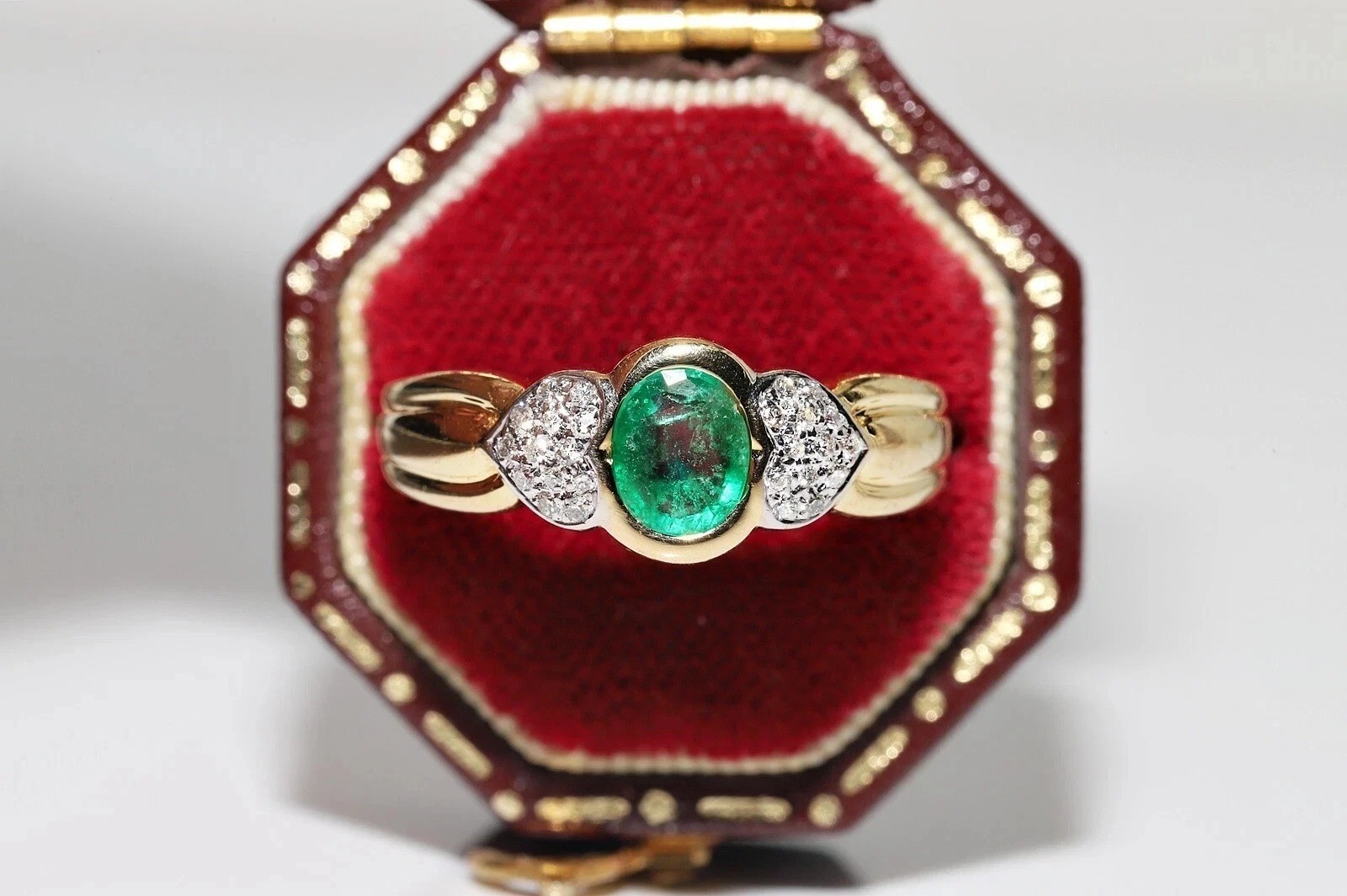 Art Deco Style 2Ct Lab Created Diamond & Emerald Engagement 14K Gold Finish Ring