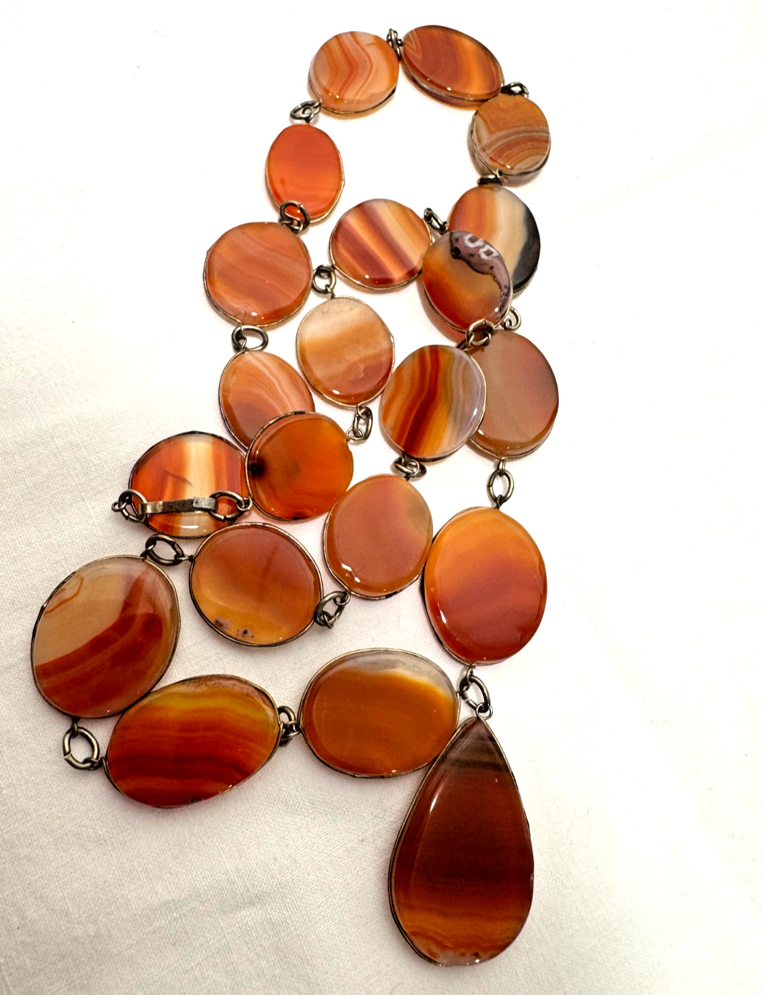 Vtg Polished Tumbled Agate Necklace Orange Brown 26″ Link 1960s 70s Boho Natural