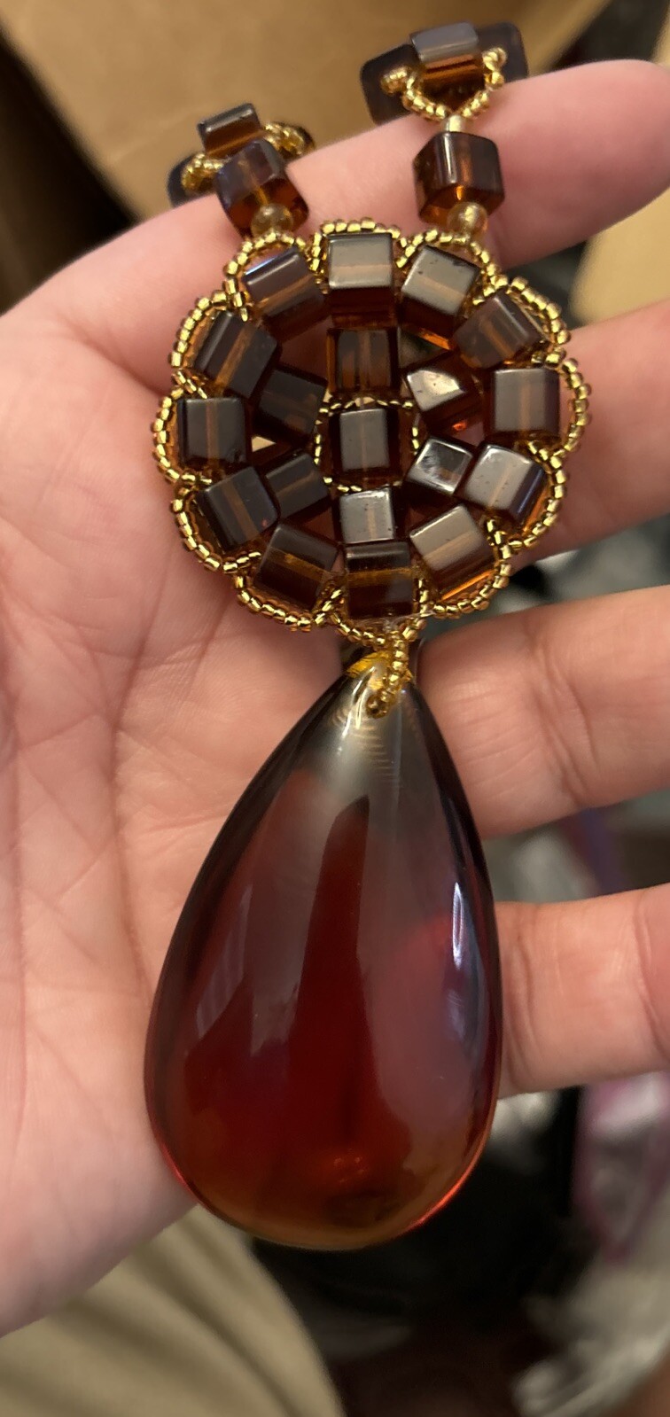 Vintage Brown Color Glass Dangle Necklace Teardrop