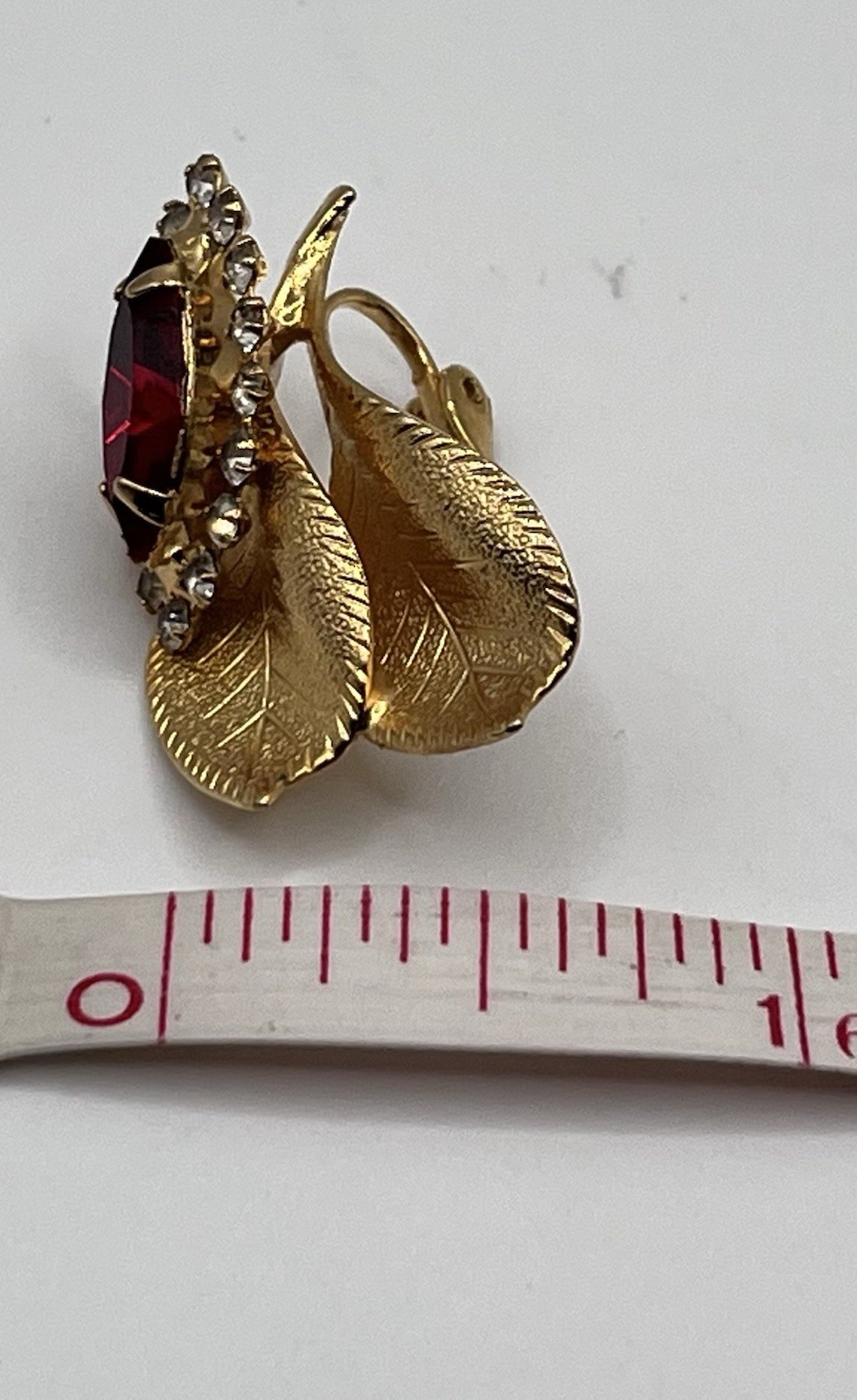 Vintage Rhinestone Clip On Earrings Gold Tone Leaf Vibrant Red And Clear Stones
