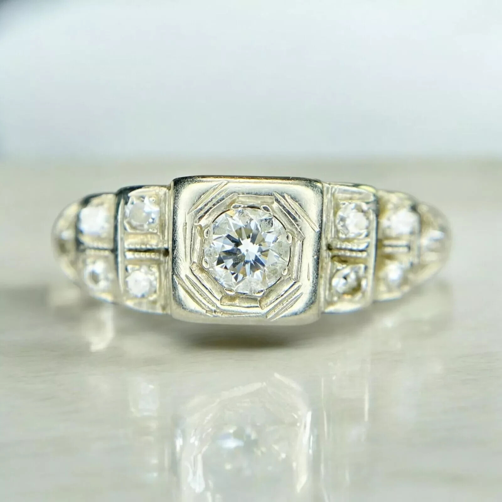 Art Deco Style 1CT Round Lab Created Diamond 14K White Gold FN Engagement Ring