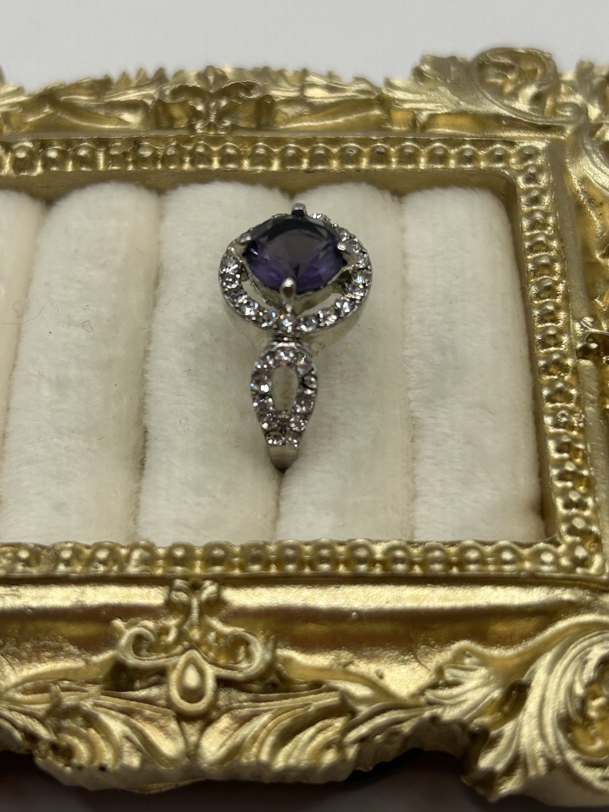 Silver Tone Purple Amethyst Halo Statement Ring Size 8.5 Vintage Costume Jewelry