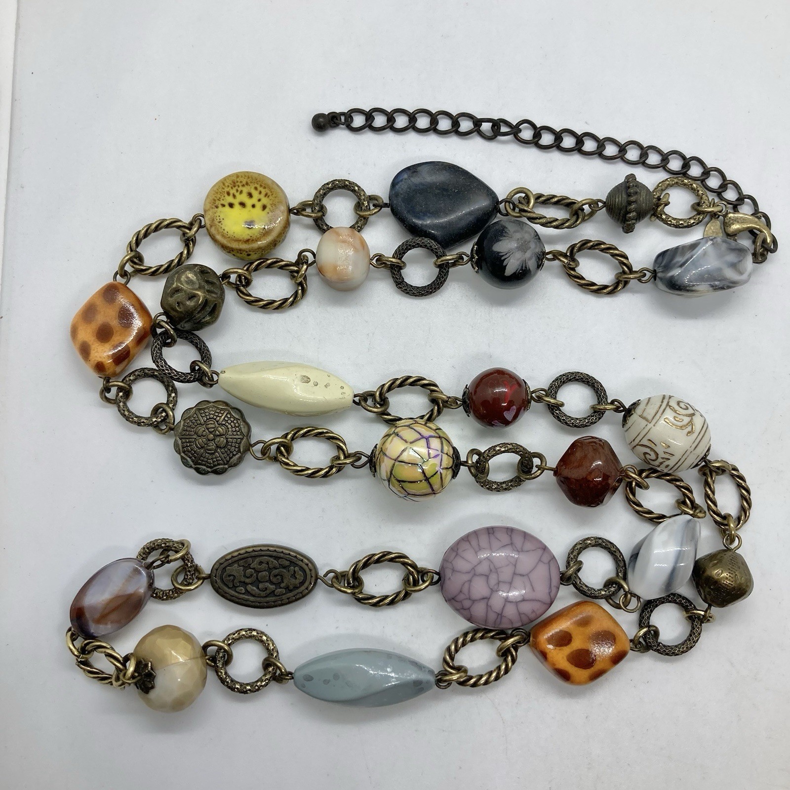 Vtg Boho Statement Bead Brass Chain Link Statement Necklace 34” Signed