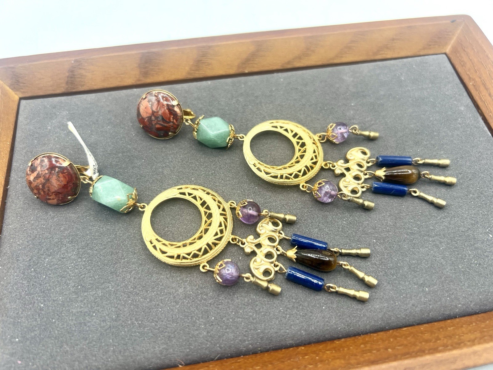 VTG Chandelier Gemstone Bead Pierced Earrings Saks Fifth Ave NOS RO-DO 1980s