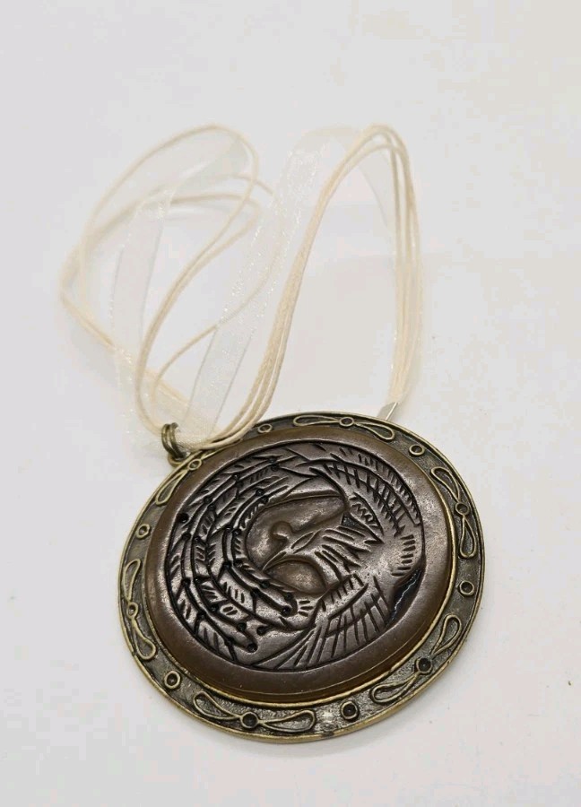Carved Phoenix Medallion Pendant Necklace Ribbon Statement Vintage 18 in