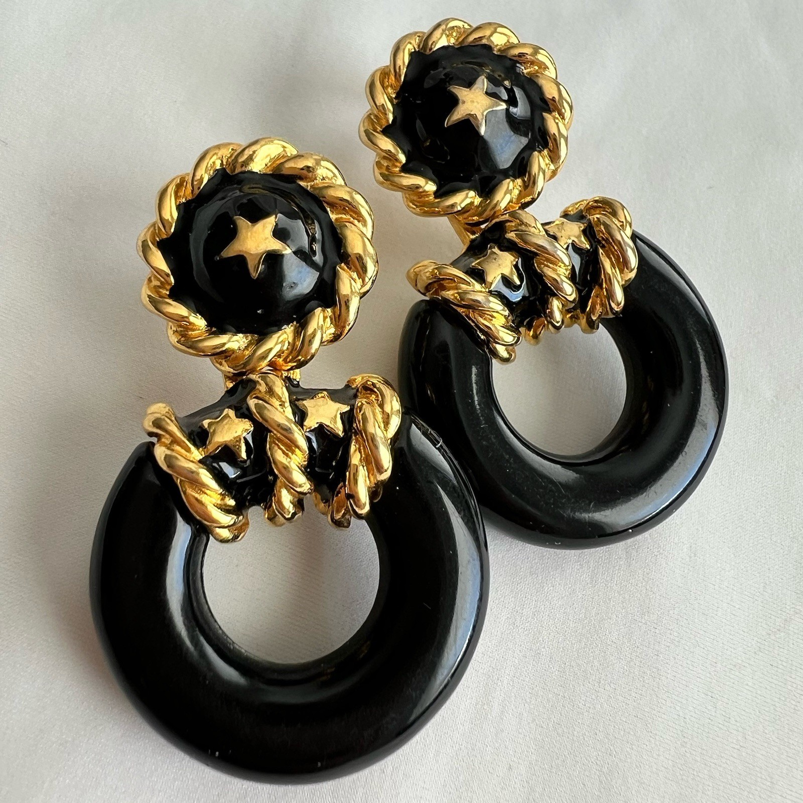 Vintage Gold Tone Black Enamel Celestial Star Door Knocker Drop Earrings 80s